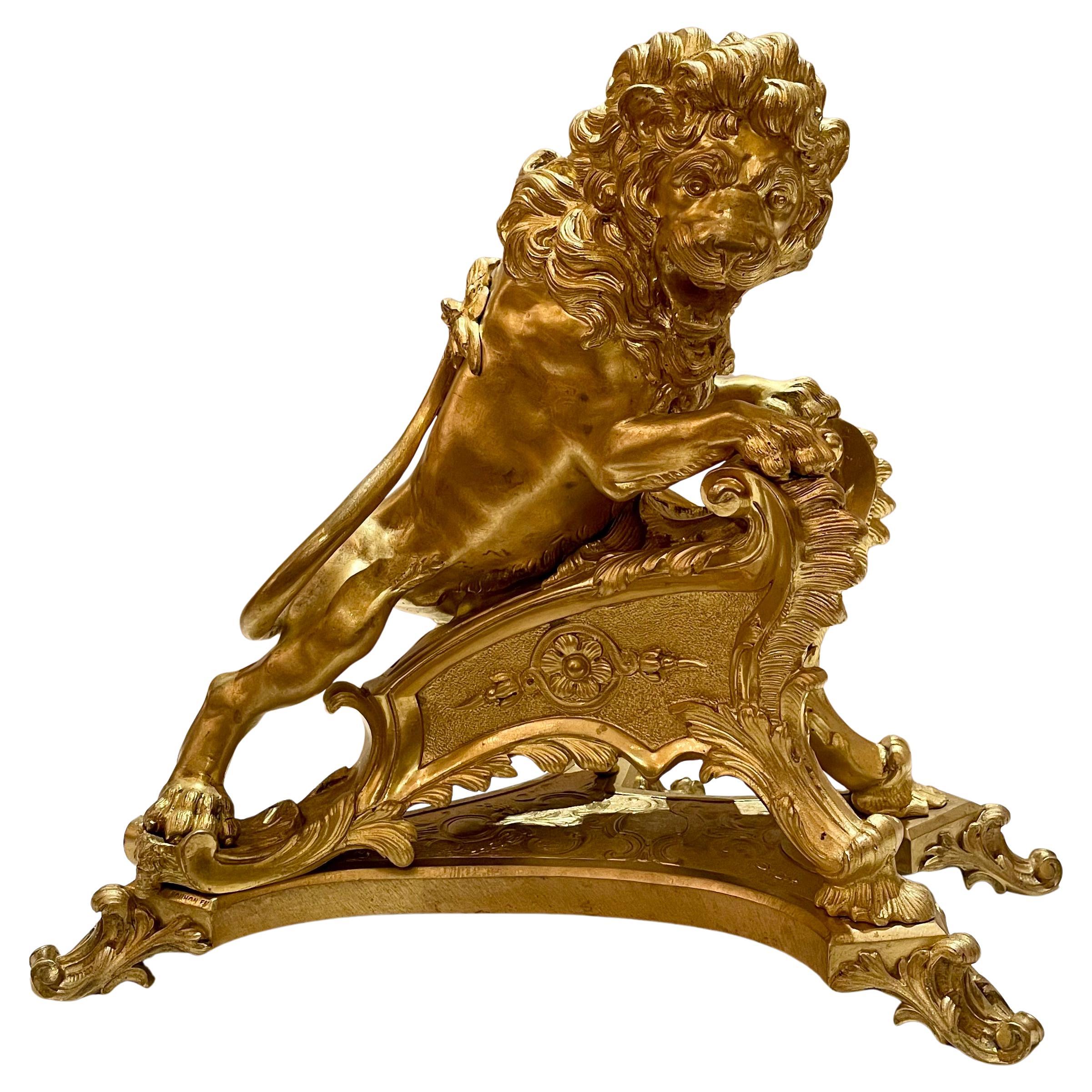Pair Antique French Ormolu Lions Rampant Andirons, Circa 1890. For Sale 1