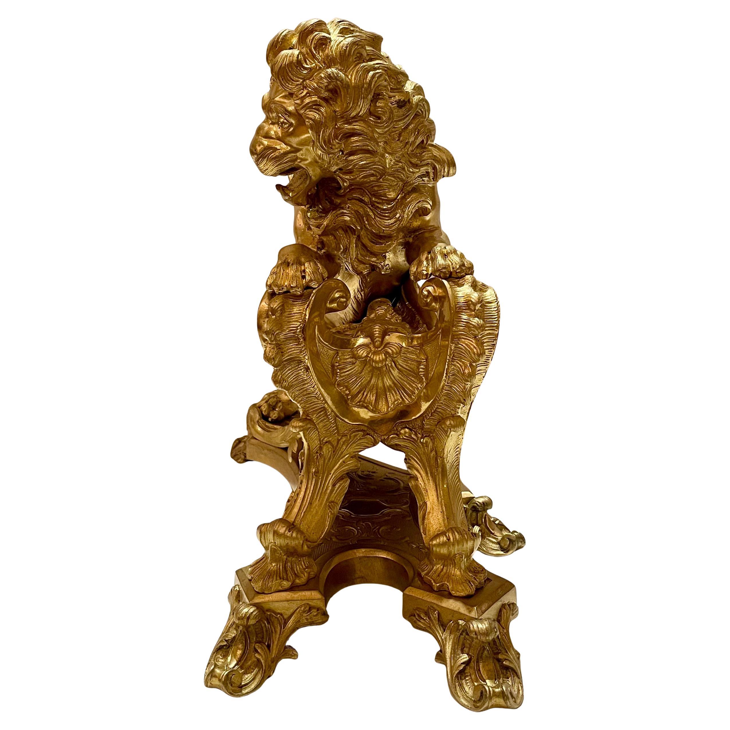 Pair Antique French Ormolu Lions Rampant Andirons, Circa 1890. For Sale 2
