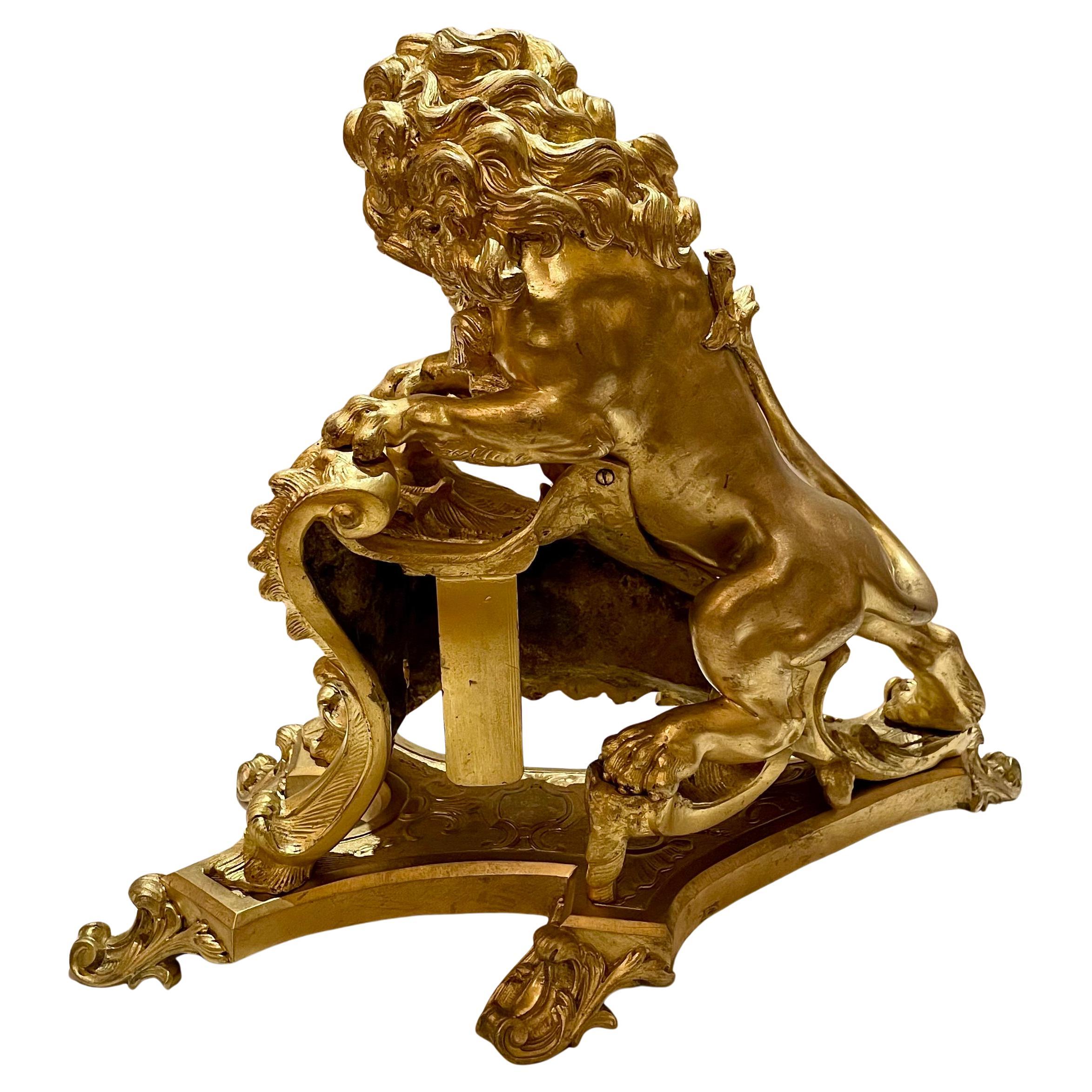 Pair Antique French Ormolu Lions Rampant Andirons, Circa 1890. For Sale 3