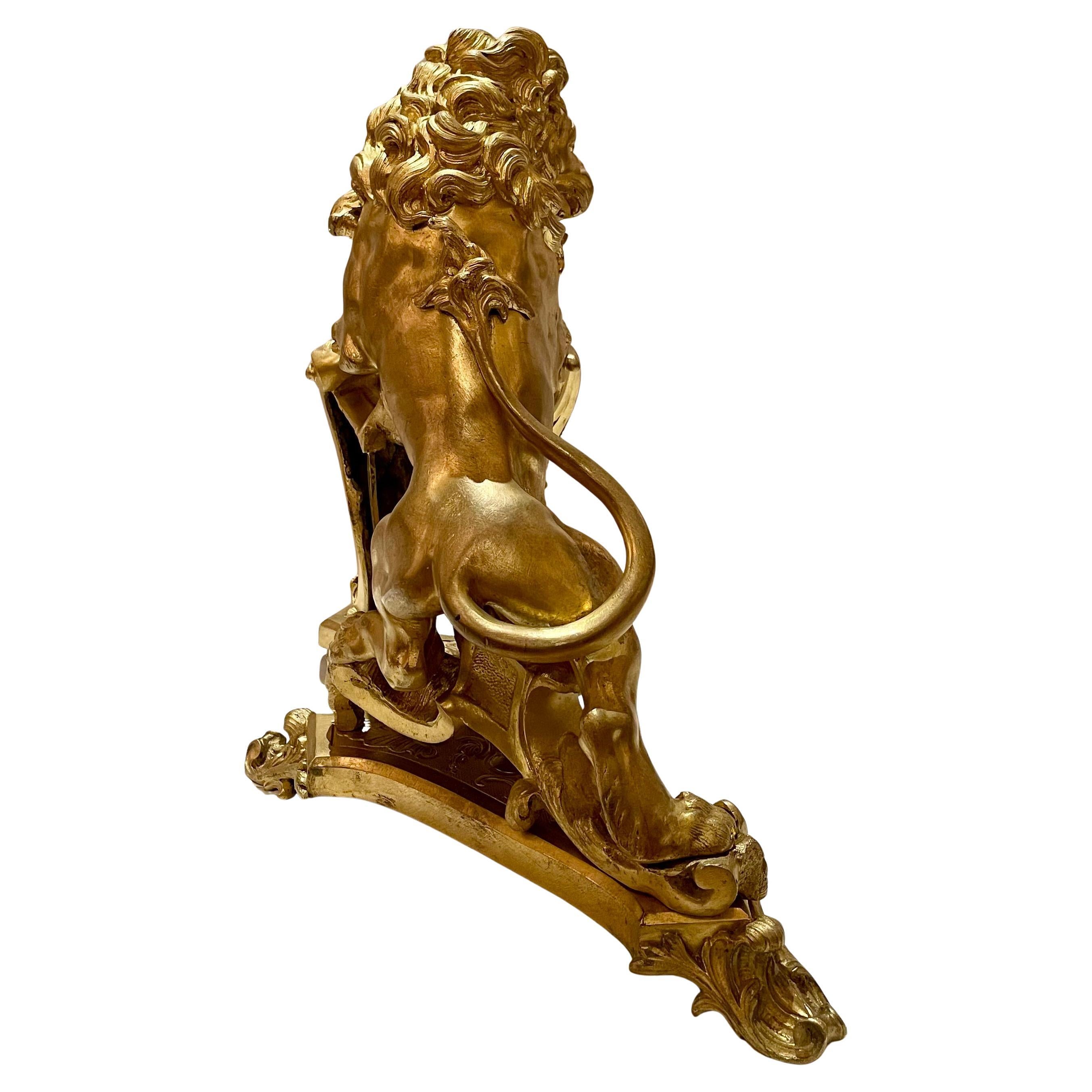 Pair Antique French Ormolu Lions Rampant Andirons, Circa 1890. For Sale 4