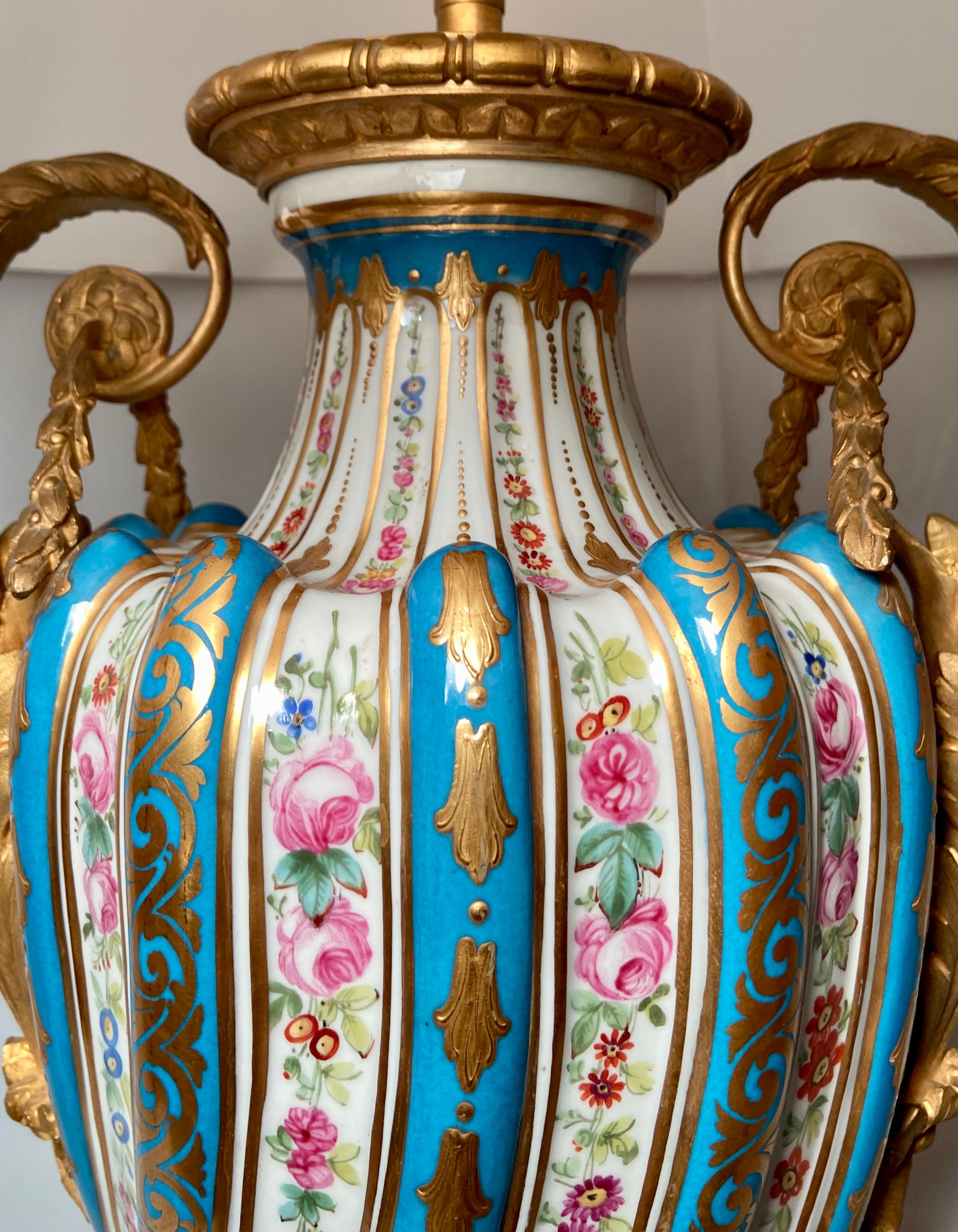 Pair Antique French Ormolu Mounted Sevres Porcelain Lamps, circa 1860-1870 In Good Condition For Sale In New Orleans, LA