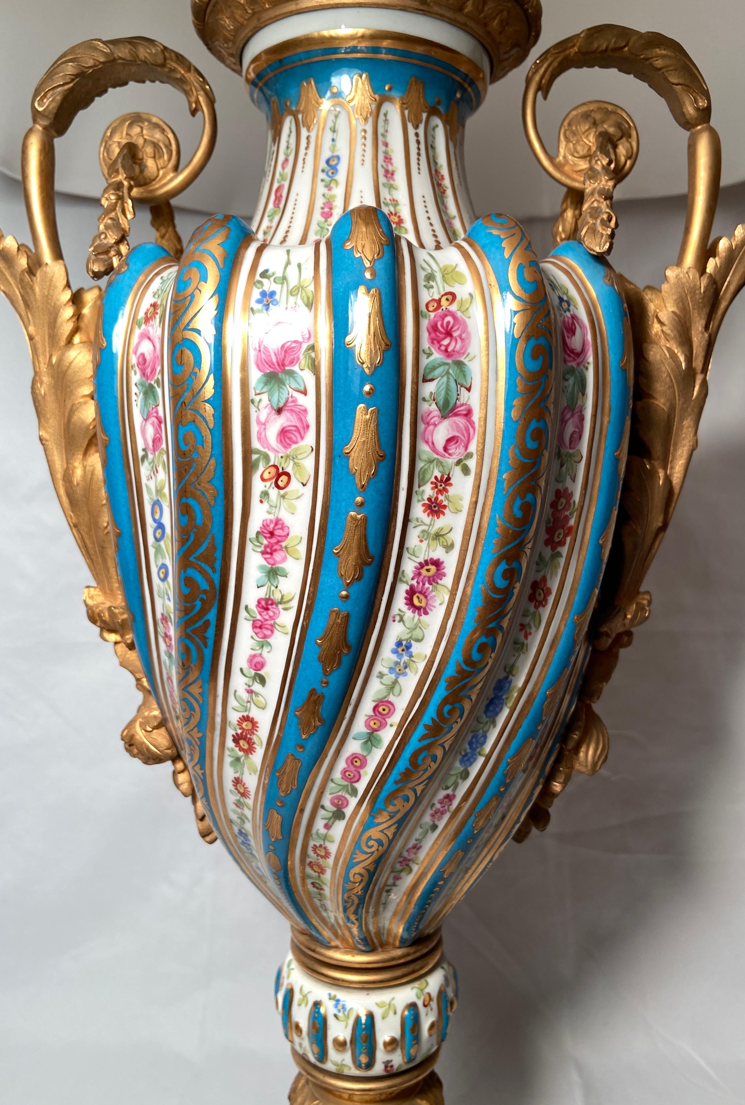19th Century Pair Antique French Ormolu Mounted Sevres Porcelain Lamps, circa 1860-1870 For Sale