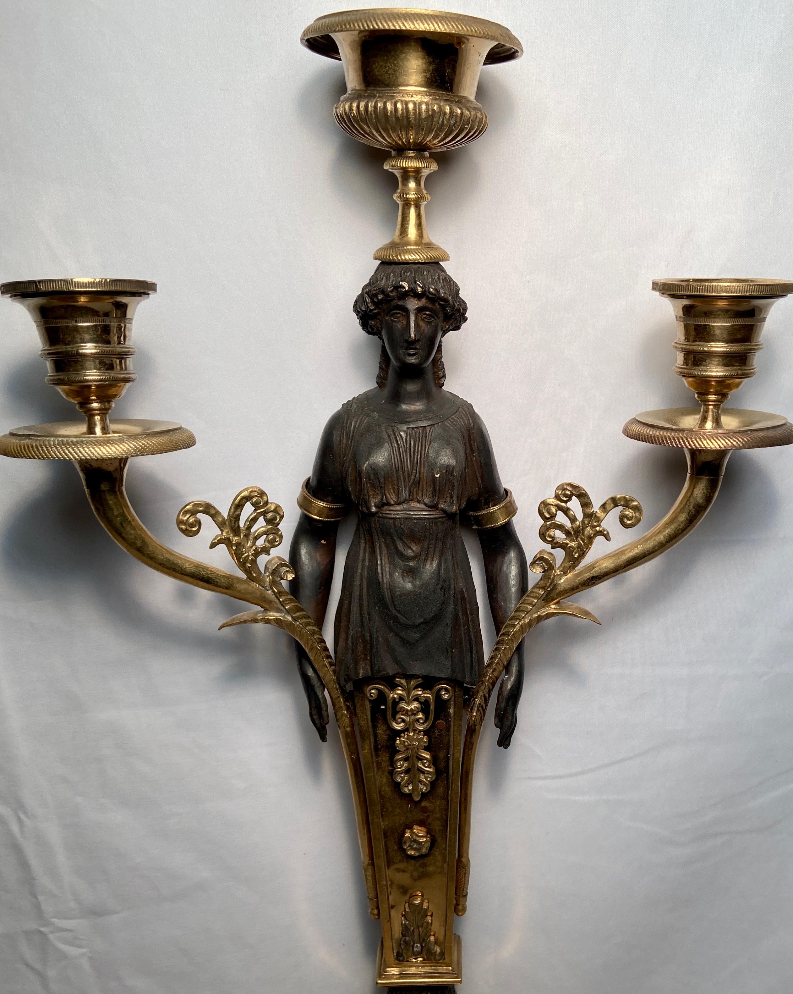 19th Century Pair Antique French Ormolu & Patinated Bronze Candelabra, Circa 1885 For Sale