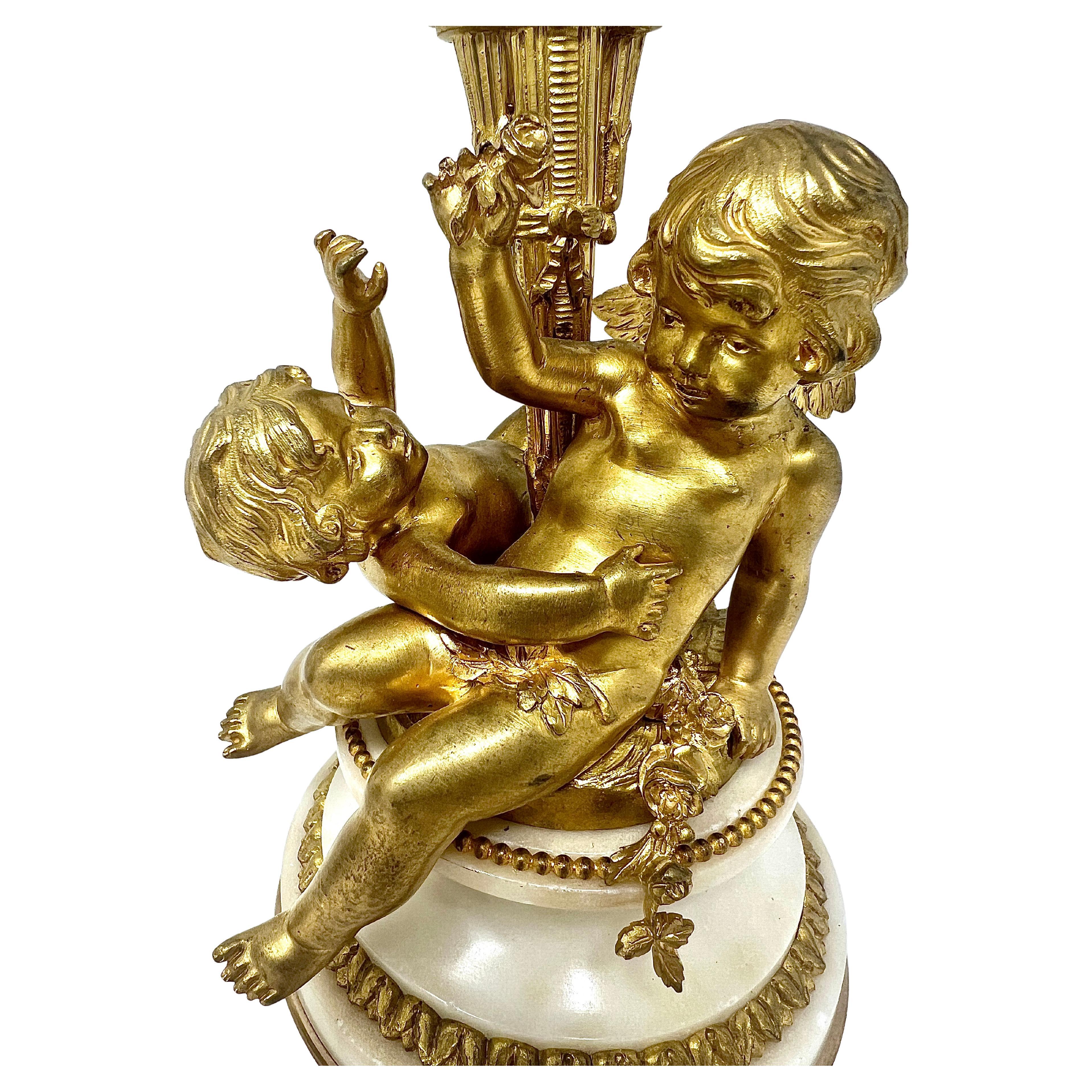 Pair Antique French Ormolu & White Marble Candelabra with Cherubs, Circa 1890's. In Good Condition In New Orleans, LA