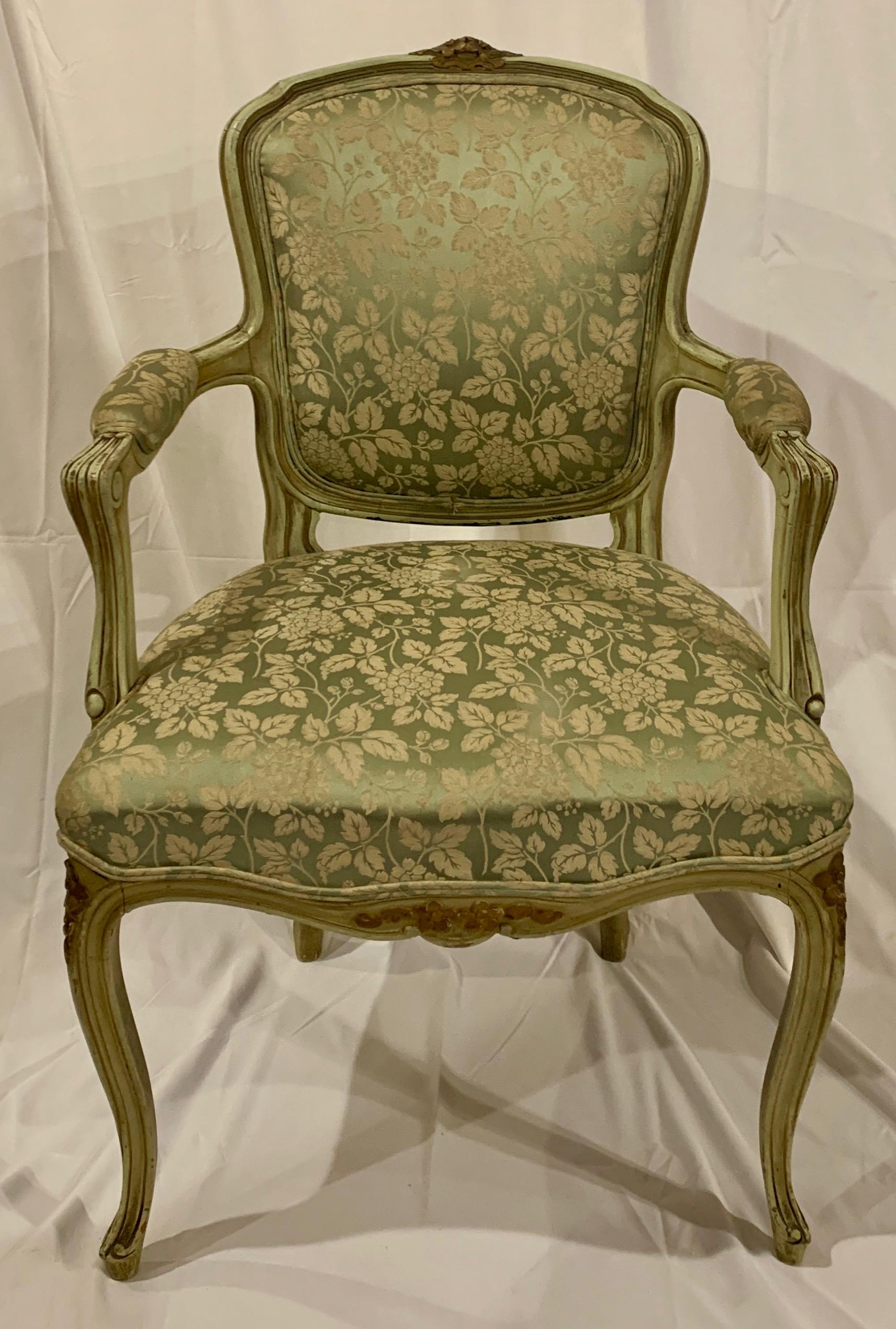 This set of painted armchairs would work well in a traditional or more contemporary setting.  
