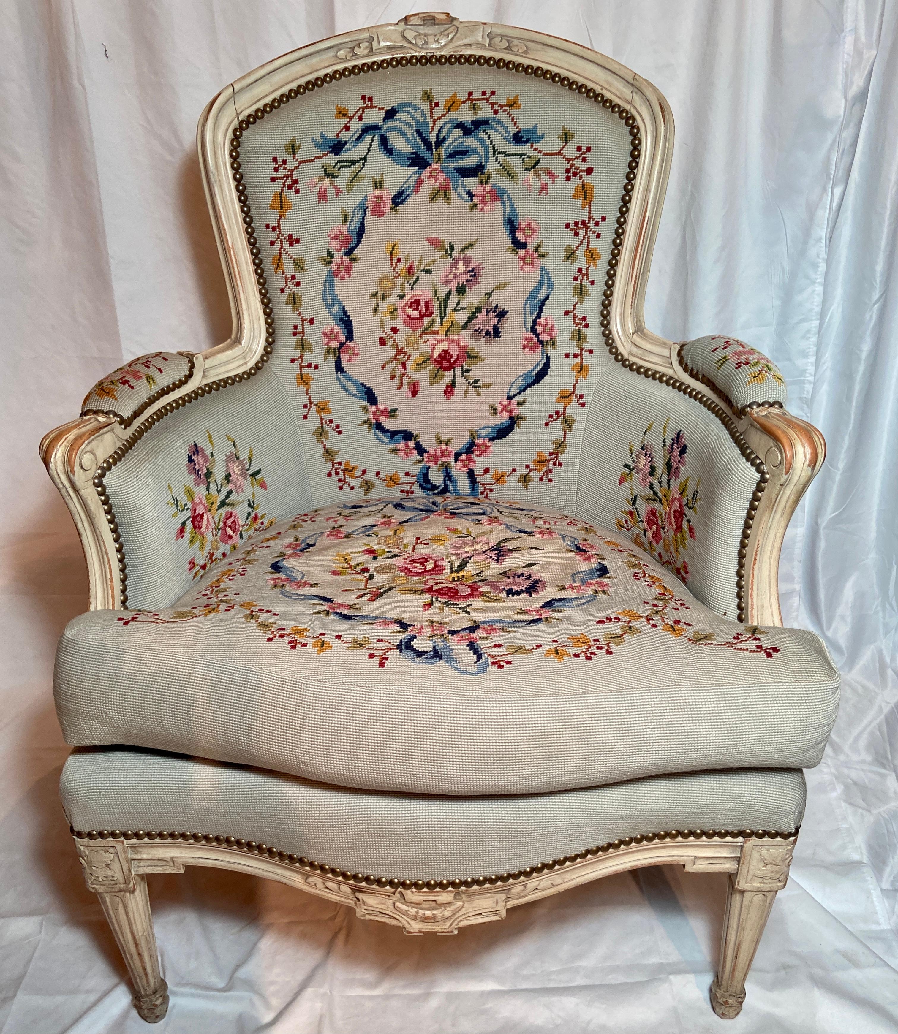 Pair antique French painted carved walnut & needlepoint upholstered armchairs.