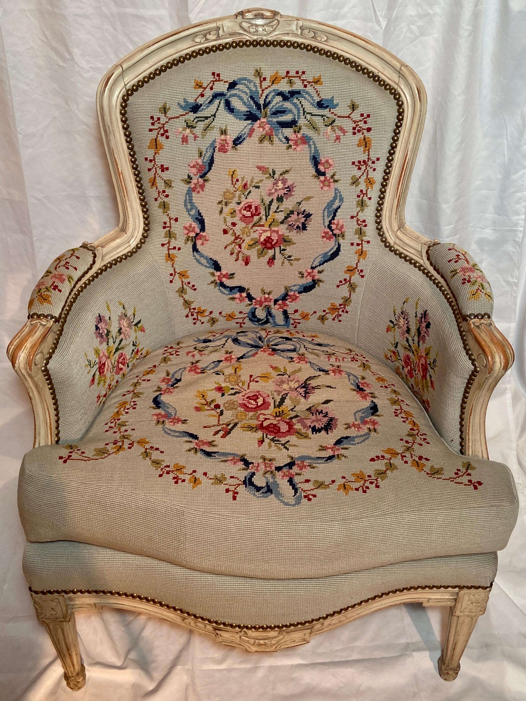 Pair Antique French Painted Carved Walnut & Needlepoint Upholstered Armchairs In Good Condition For Sale In New Orleans, LA