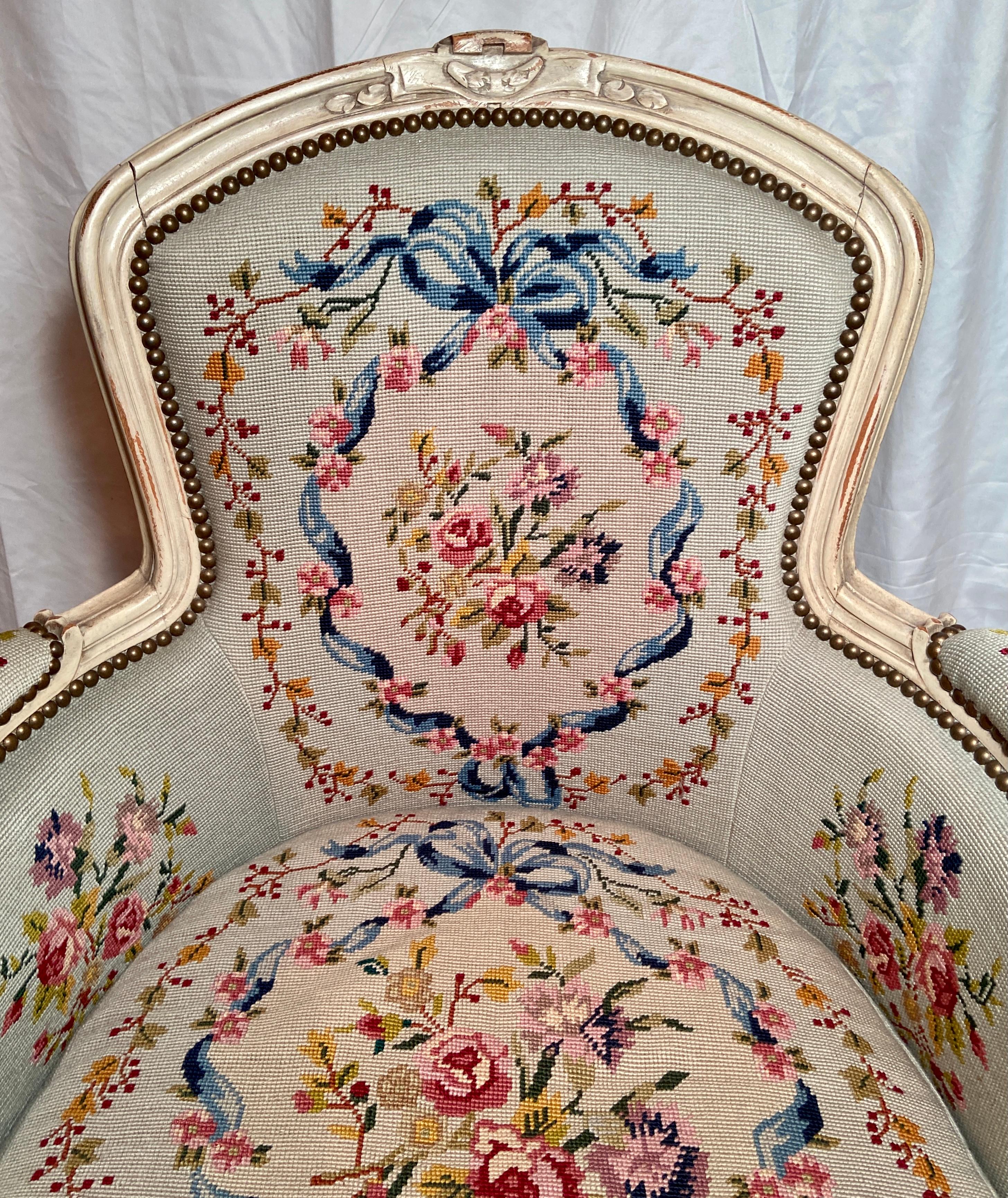 20th Century Pair Antique French Painted Carved Walnut & Needlepoint Upholstered Armchairs For Sale