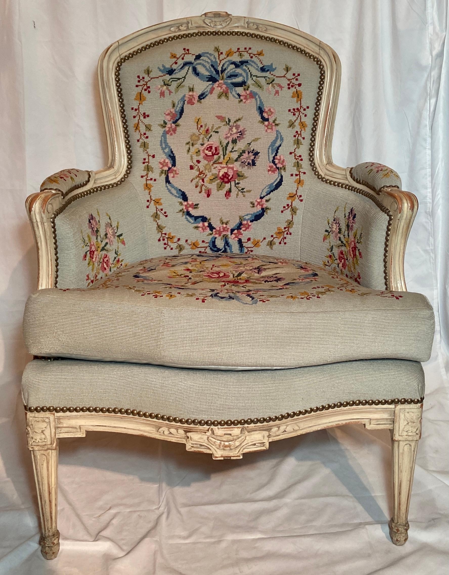 Upholstery Pair Antique French Painted Carved Walnut & Needlepoint Upholstered Armchairs For Sale