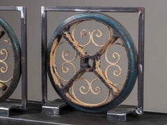 Antique French Painted Industrial Iron Wheels circa 1880 in Custom Display, Pair