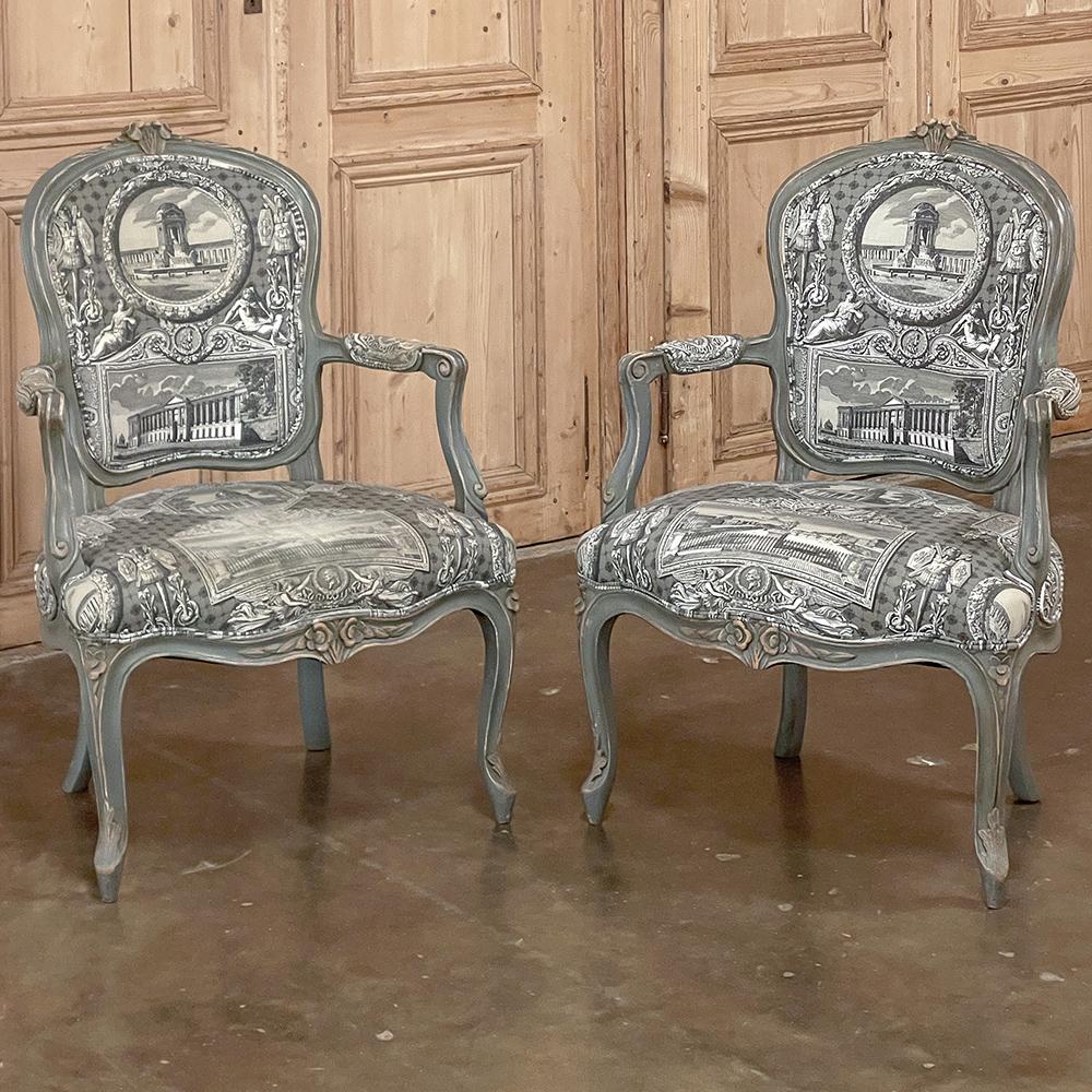 Pair antique French Painted Louis XV Armchairs ~ Fauteuils will add a visually soft, classic accent to any room, plus surprising comfort in the bargain! Sculpted from solid hardwood in the manner of Louis XV, each features a contoured shield-shaped