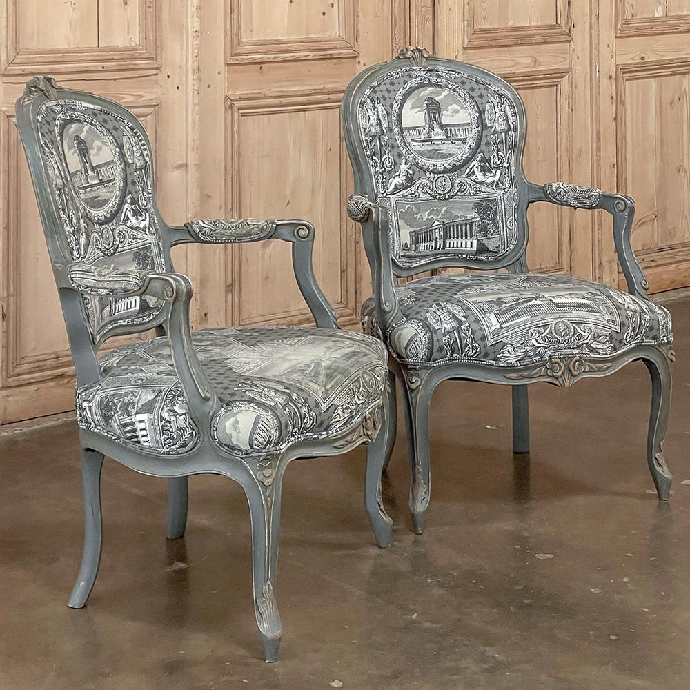 Hand-Crafted Pair Antique French Painted Louis XV Armchairs ~ Fauteuils For Sale