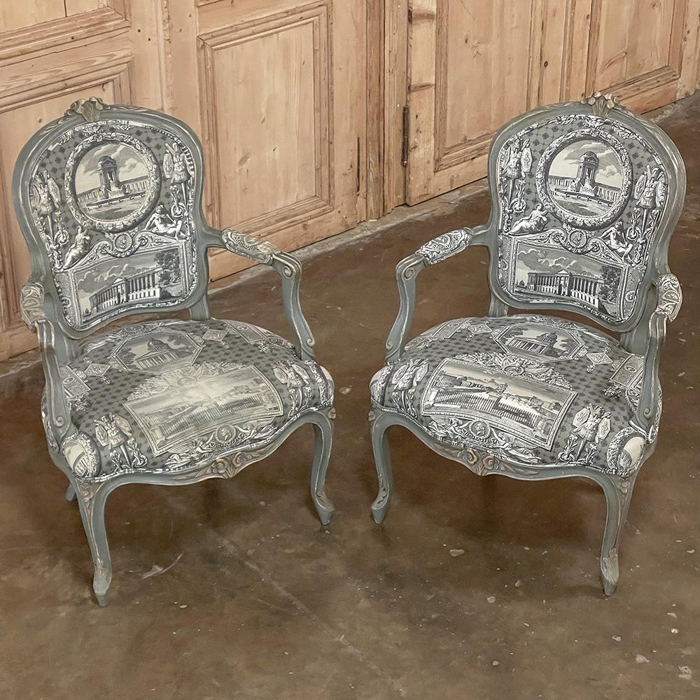 20th Century Pair Antique French Painted Louis XV Armchairs ~ Fauteuils For Sale
