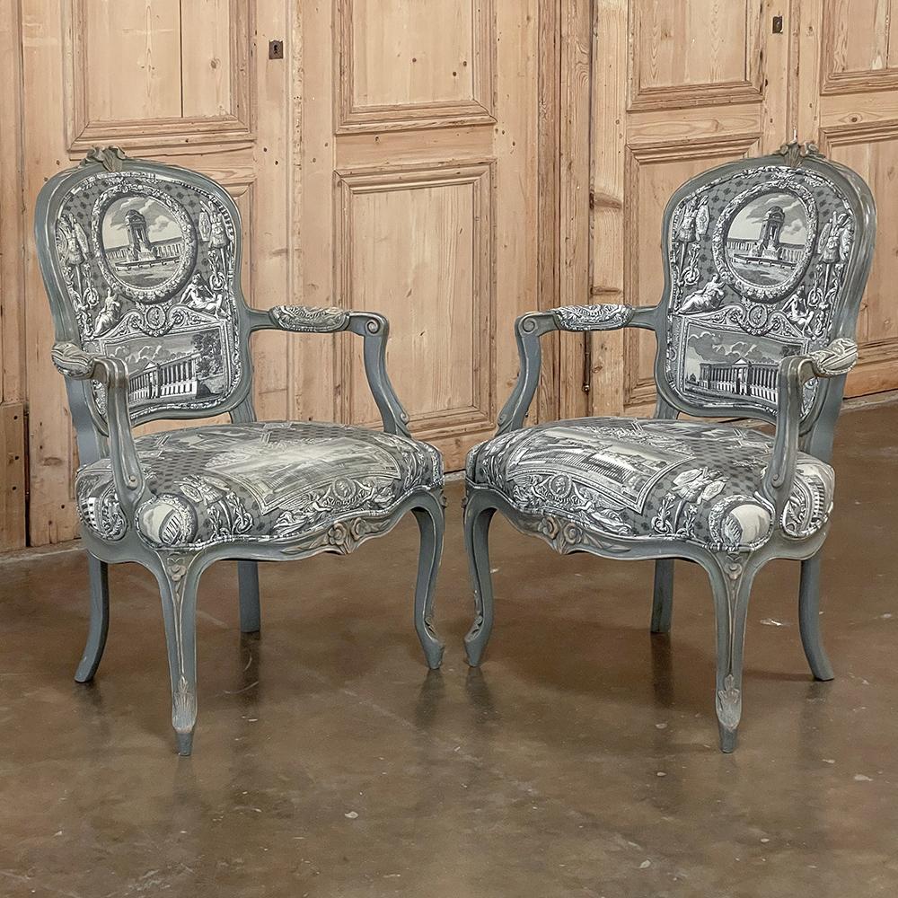 Fabric Pair Antique French Painted Louis XV Armchairs ~ Fauteuils For Sale