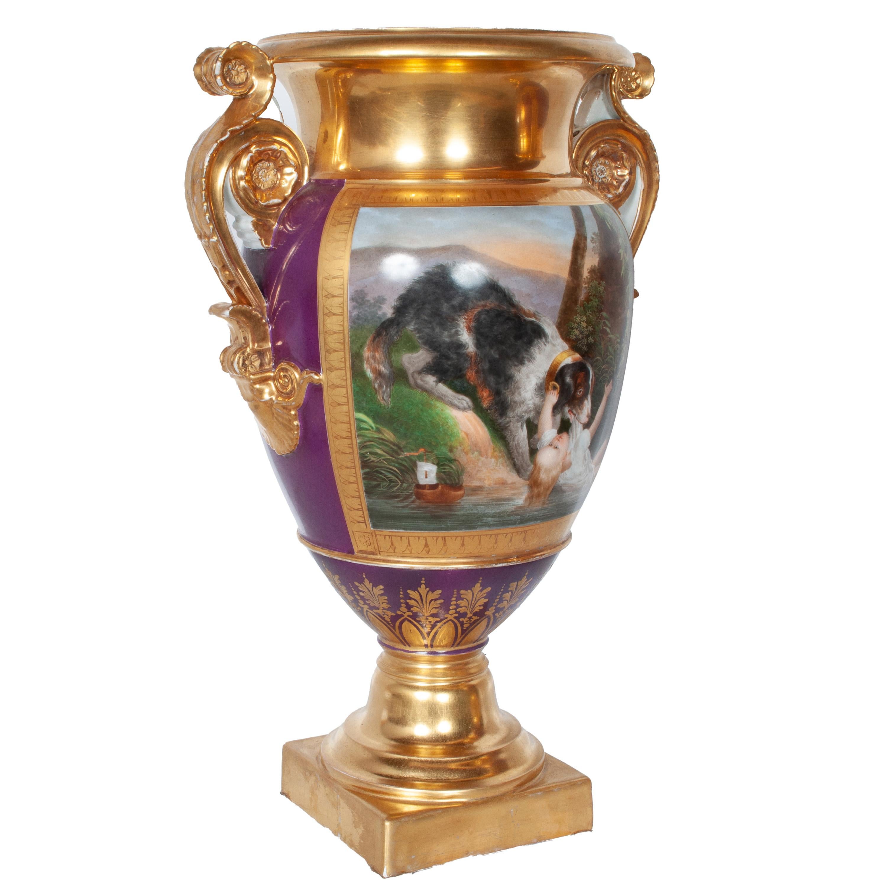 Empire Paire d'anciens vases à chien en porcelaine de Paris peints à la main par Darte Frères 1810 en vente