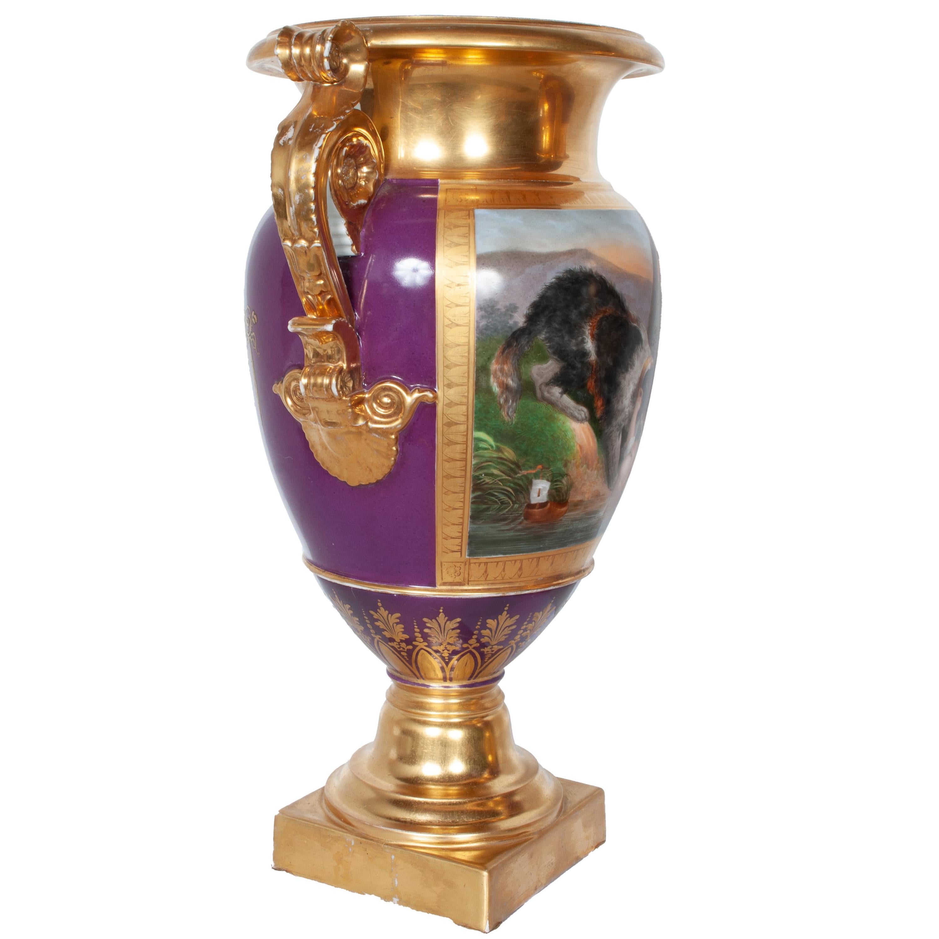 Français Paire d'anciens vases à chien en porcelaine de Paris peints à la main par Darte Frères 1810 en vente