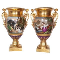 Pair Antique French Paris Porcelain Hand-painted Dog Vases by Darte Frères 1810