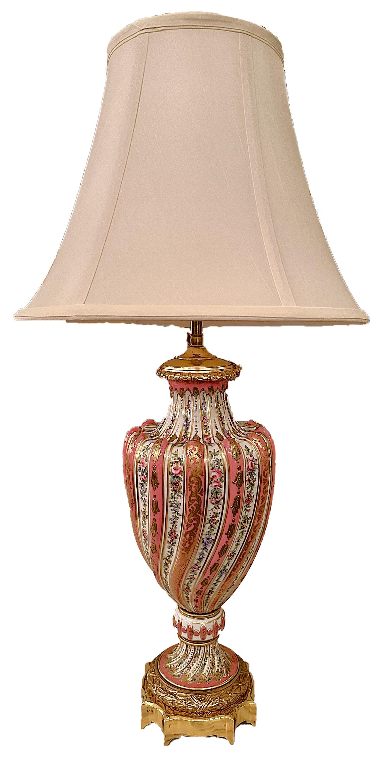 Pair Antique French Pink Porcelain Lamps with Gold Details, Circa 1890's. In Good Condition For Sale In New Orleans, LA