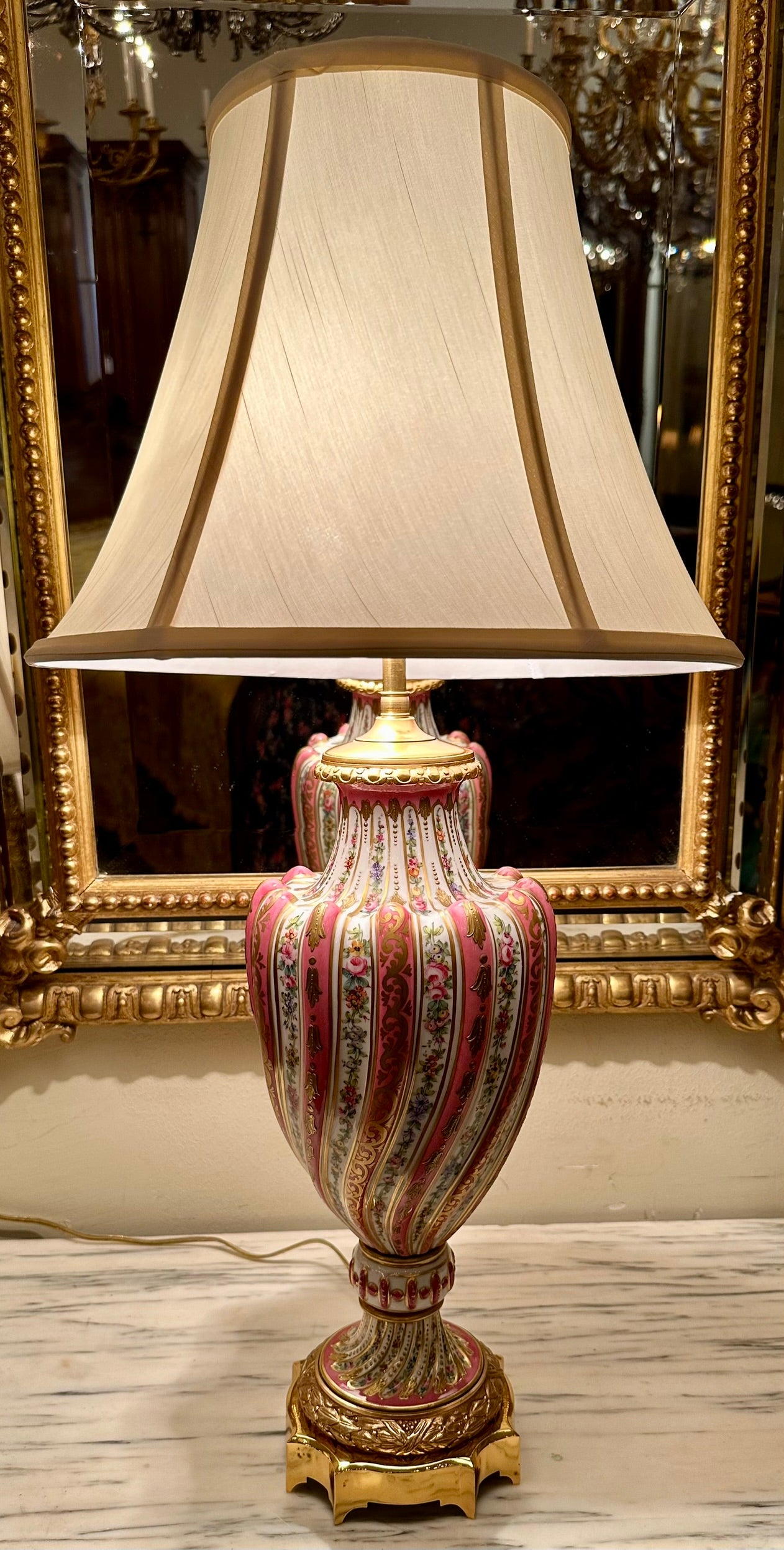 19th Century Pair Antique French Pink Porcelain Lamps with Gold Details, Circa 1890's. For Sale