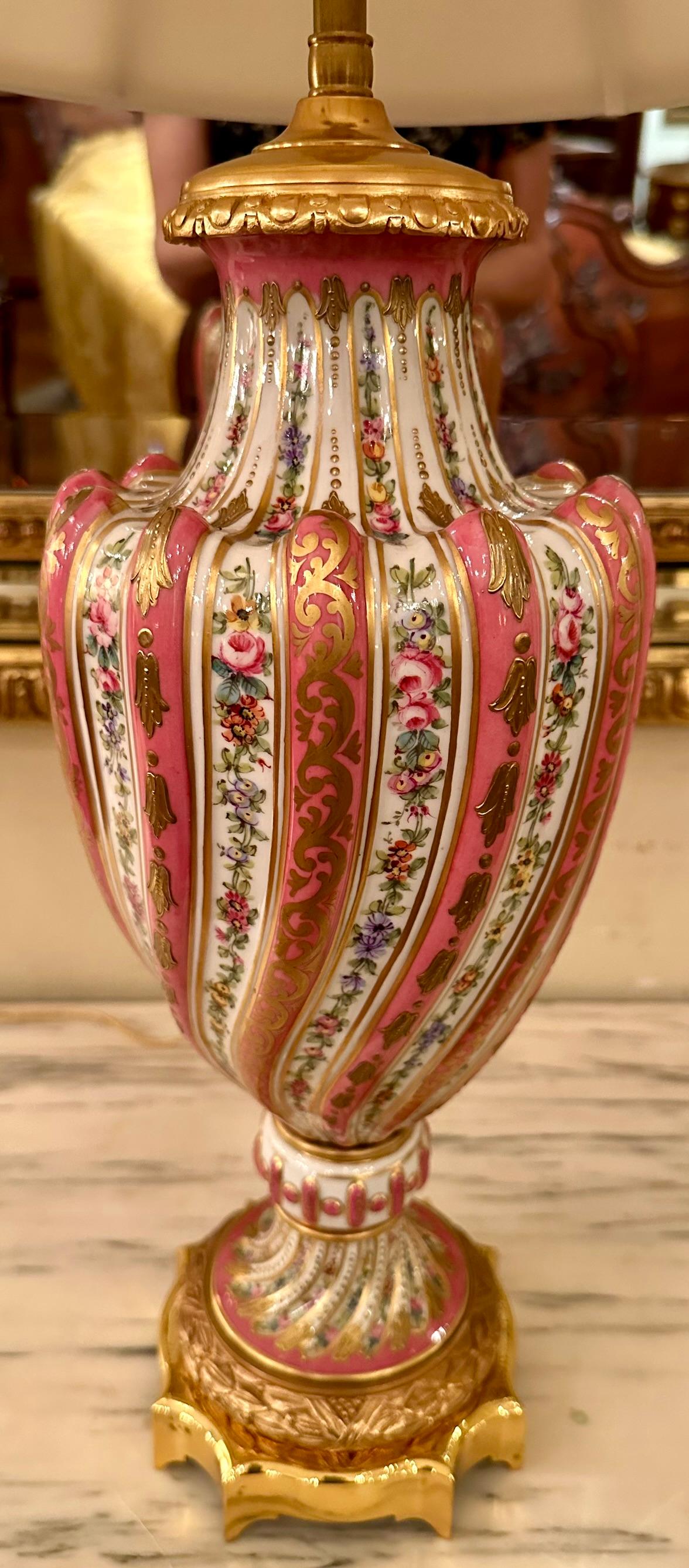Pair Antique French Pink Porcelain Lamps with Gold Details, Circa 1890's. For Sale 1