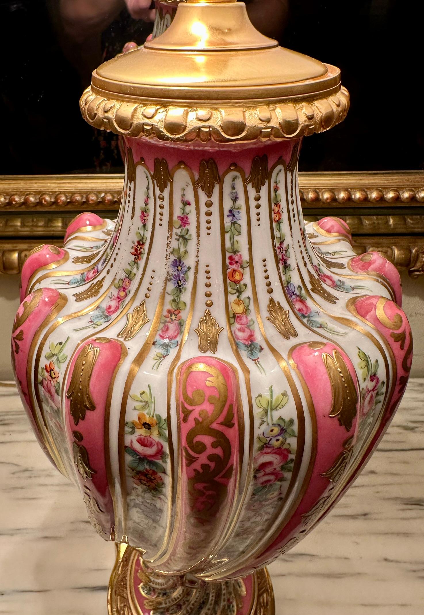 Pair Antique French Pink Porcelain Lamps with Gold Details, Circa 1890's. For Sale 2