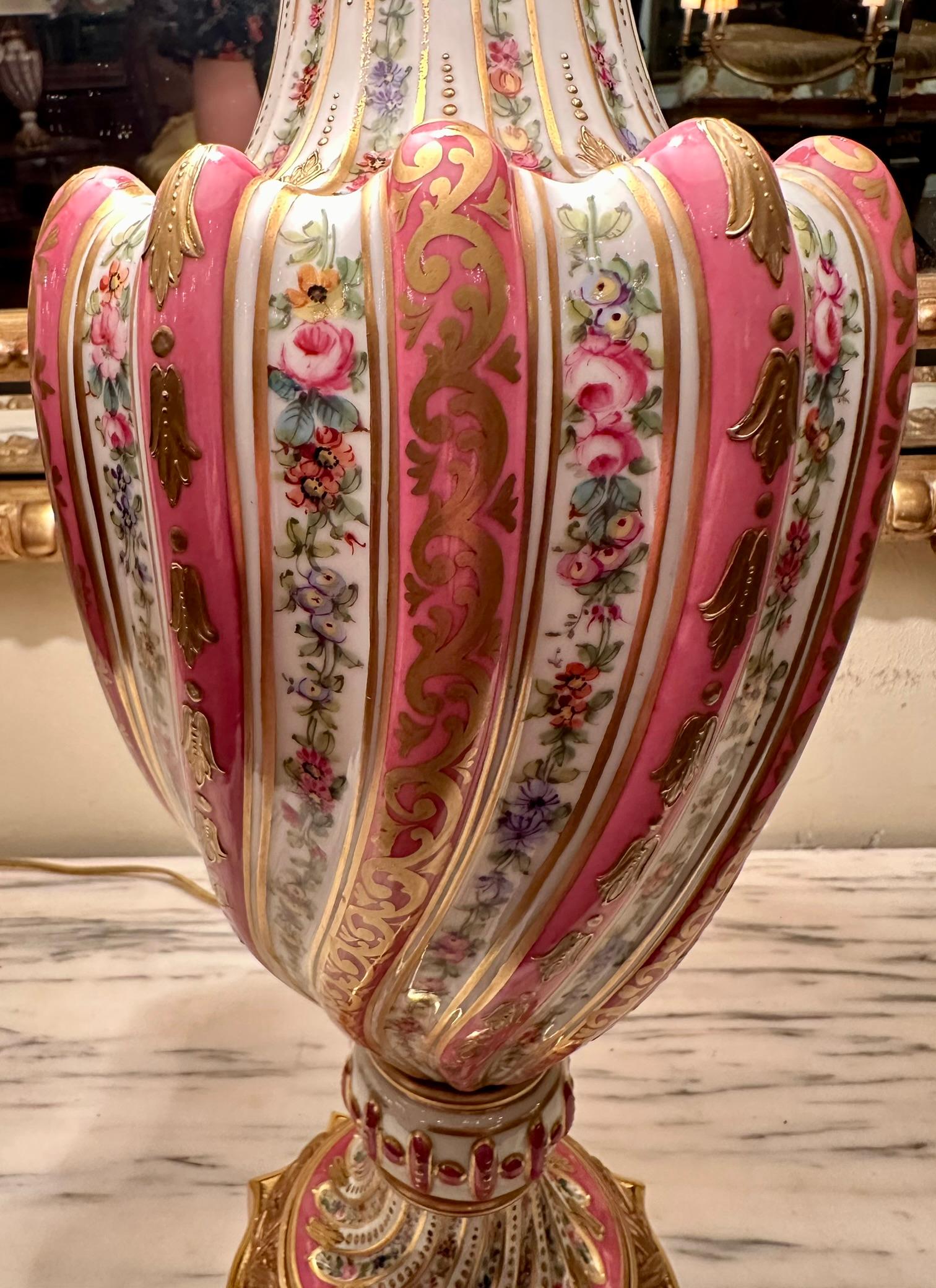 Pair Antique French Pink Porcelain Lamps with Gold Details, Circa 1890's. For Sale 3