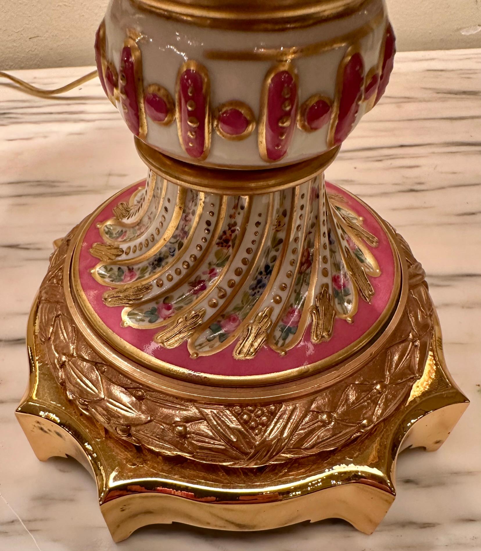 Pair Antique French Pink Porcelain Lamps with Gold Details, Circa 1890's. For Sale 4