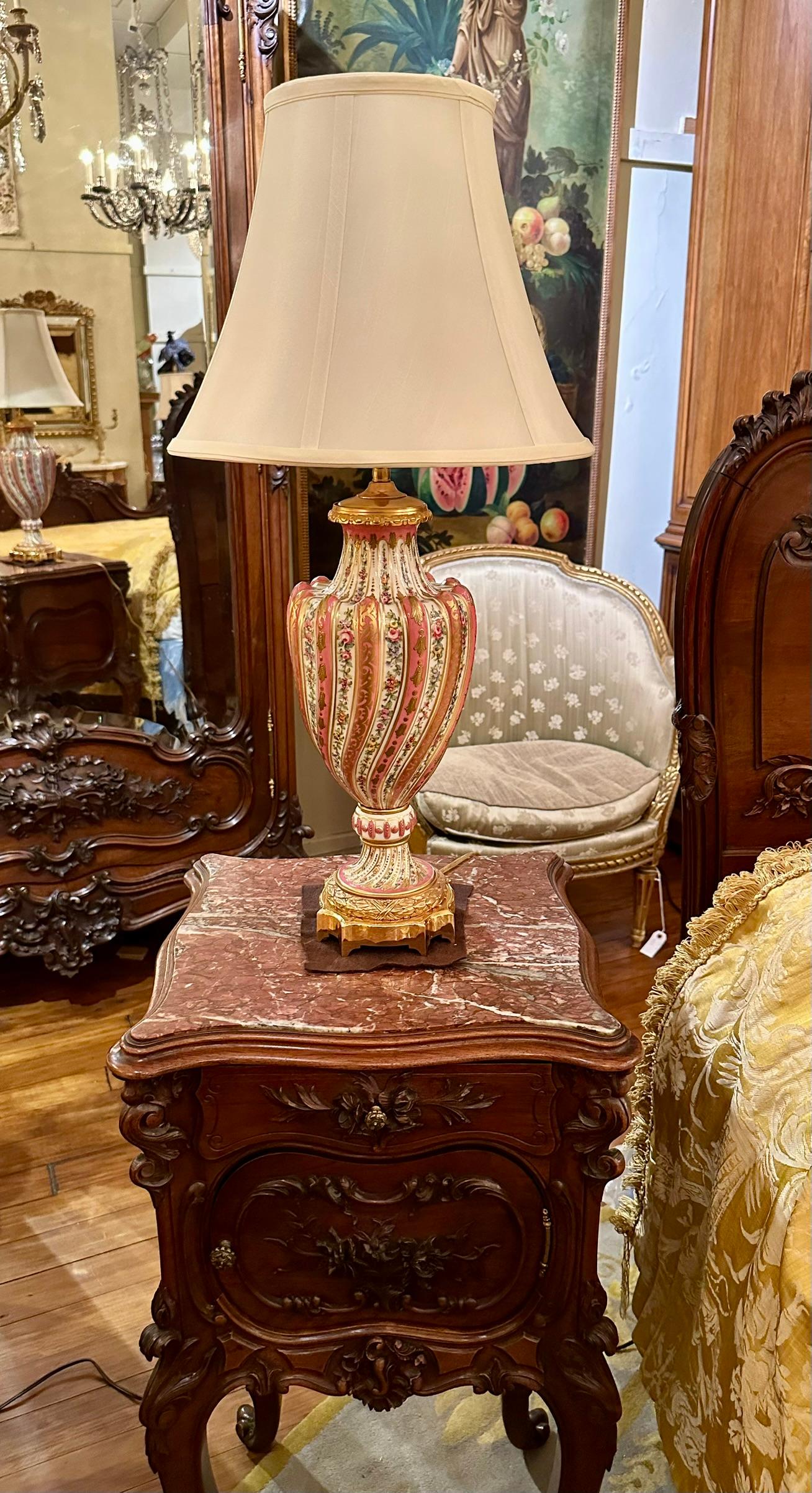 Pair Antique French Pink Porcelain Lamps with Gold Details, Circa 1890's. For Sale 5