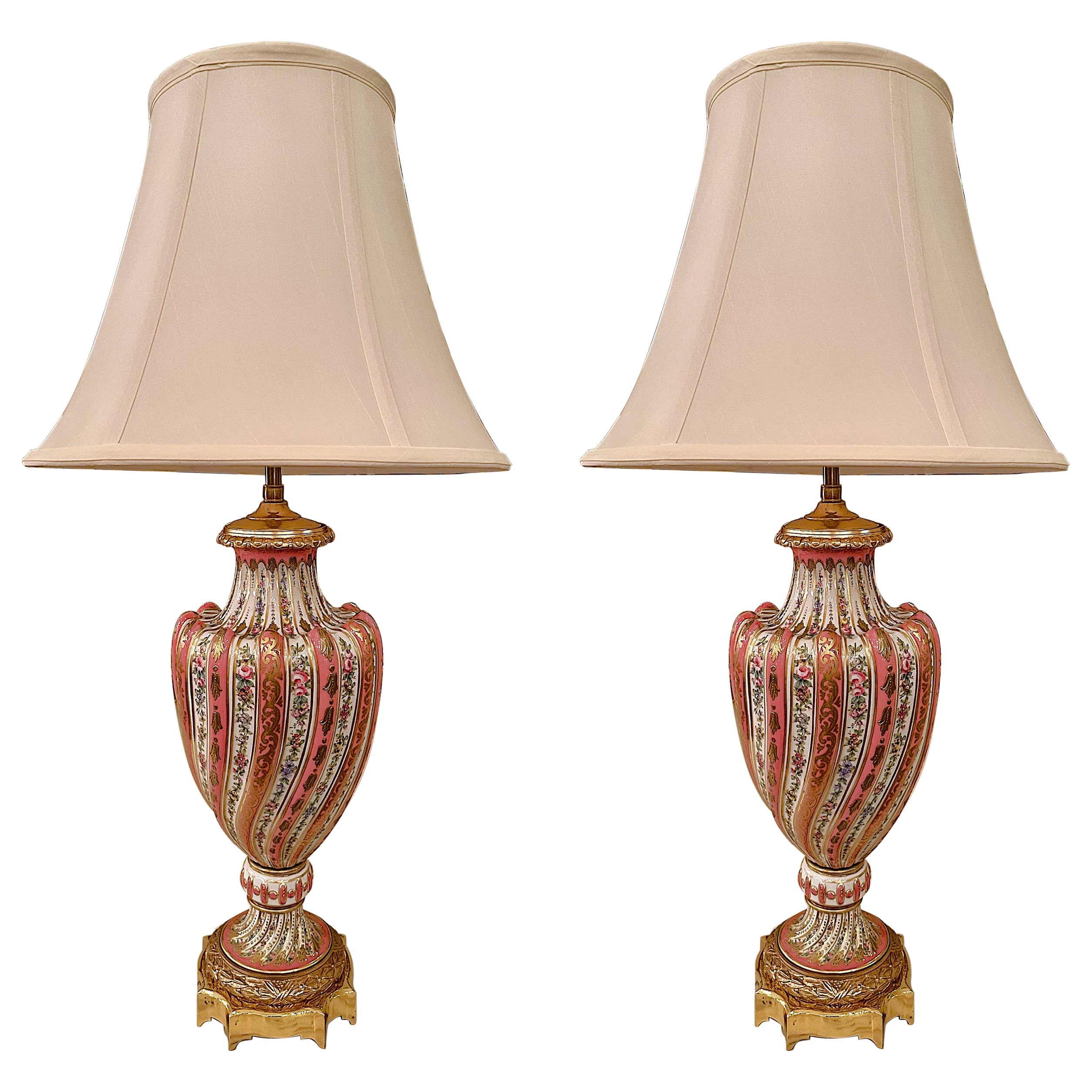 Pair Antique French Pink Porcelain Lamps with Gold Details, Circa 1890's. For Sale