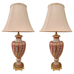 Pair Antique French Pink Porcelain Lamps with Gold Details, Circa 1890's.