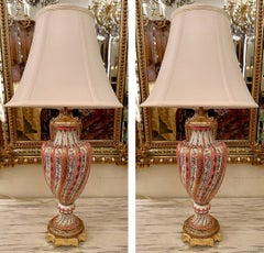 Pair Antique French Pink Porcelain Lamps with Gold Details, Circa 1890's.