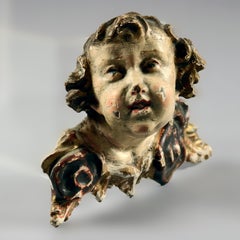 French Polychrome Carved Wood Figural Cherub Wall Sculptures 19th Century, Pair