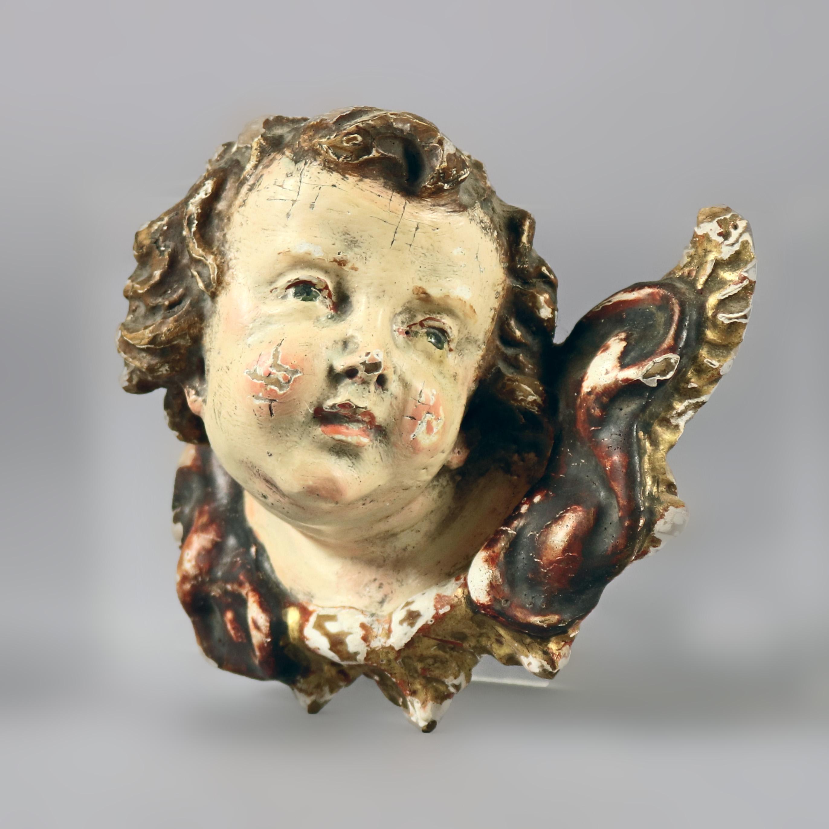 High Victorian French Polychrome Carved Wood Figural Cherub Wall Sculptures 19th Century, Pair