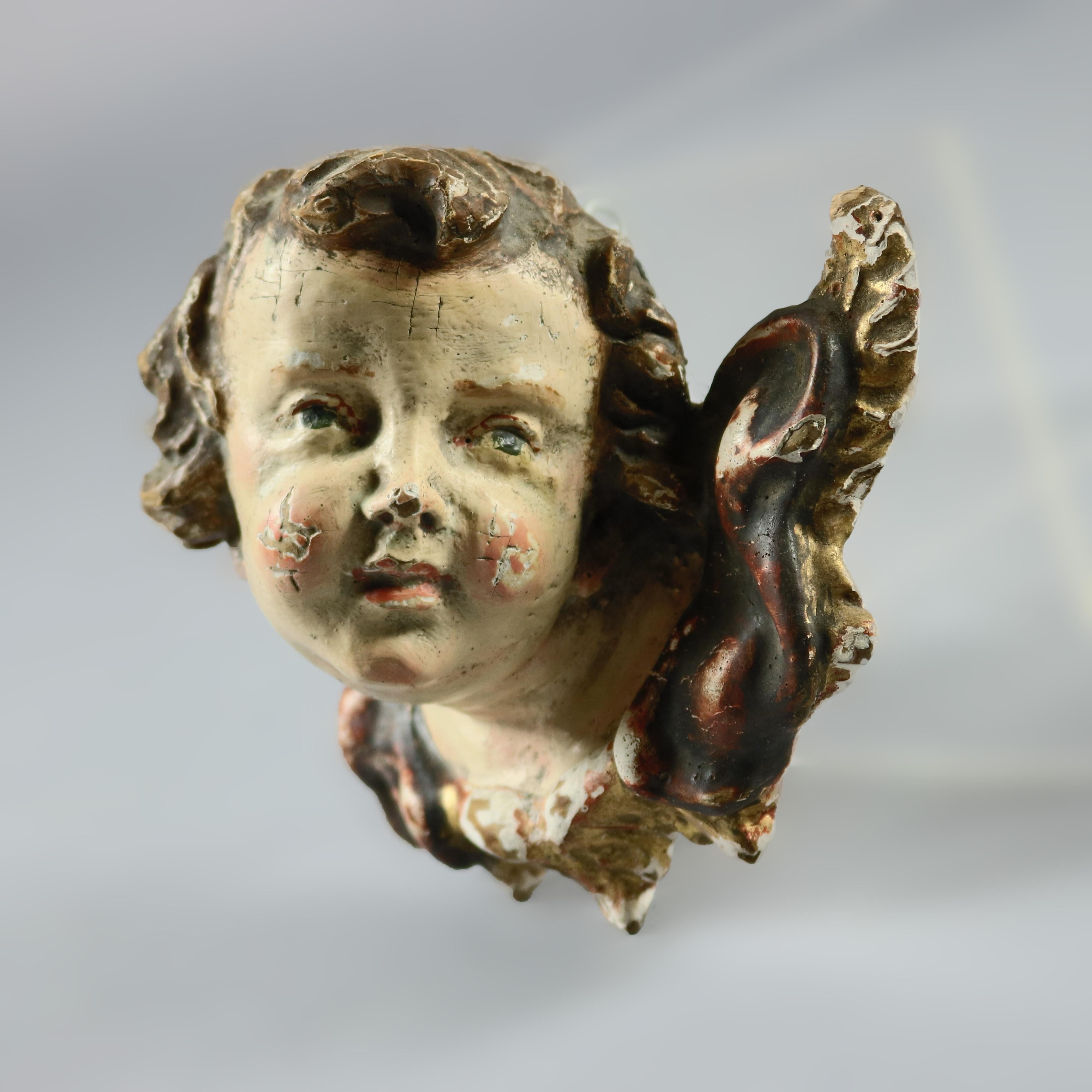 French Polychrome Carved Wood Figural Cherub Wall Sculptures 19th Century, Pair 4