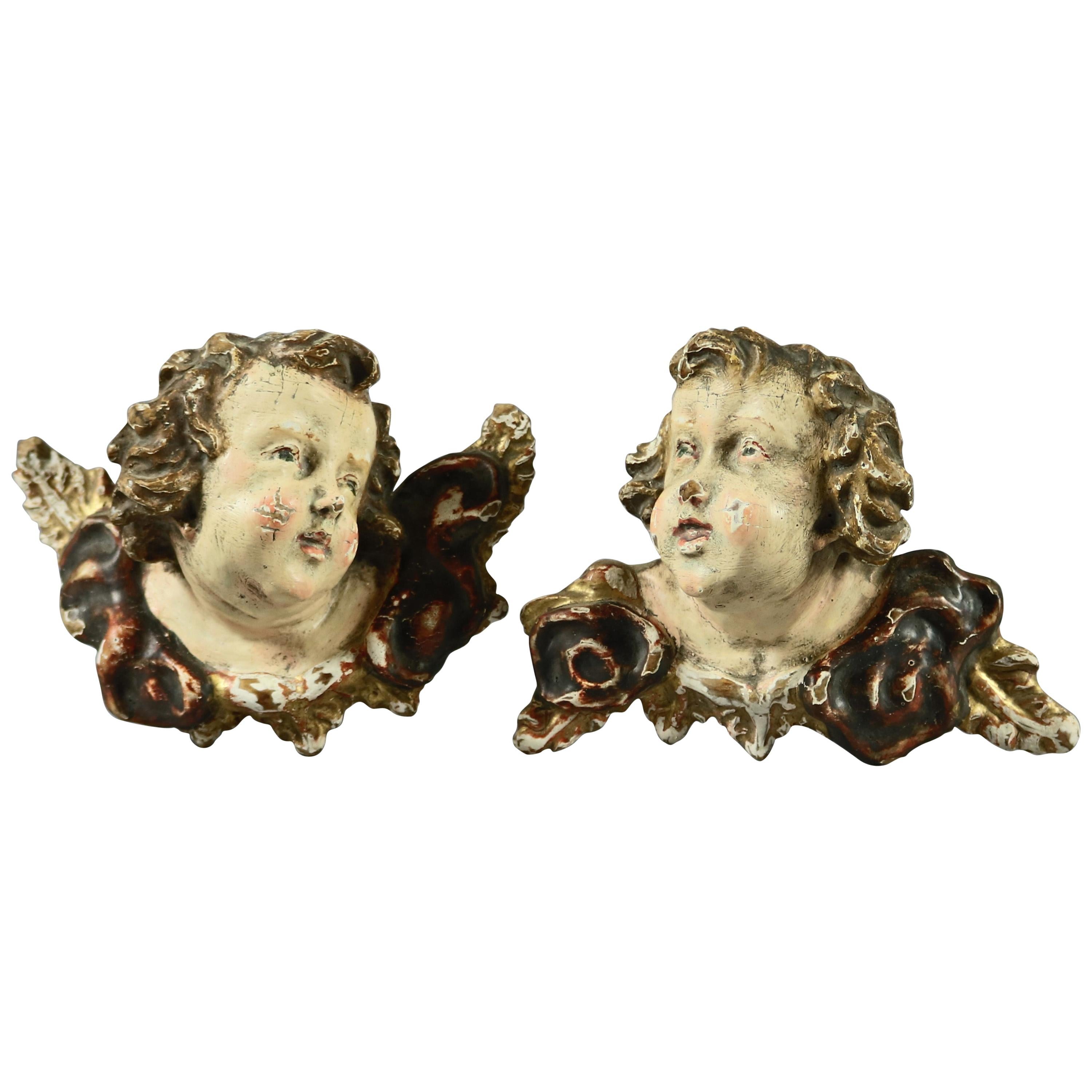 French Polychrome Carved Wood Figural Cherub Wall Sculptures 19th Century, Pair