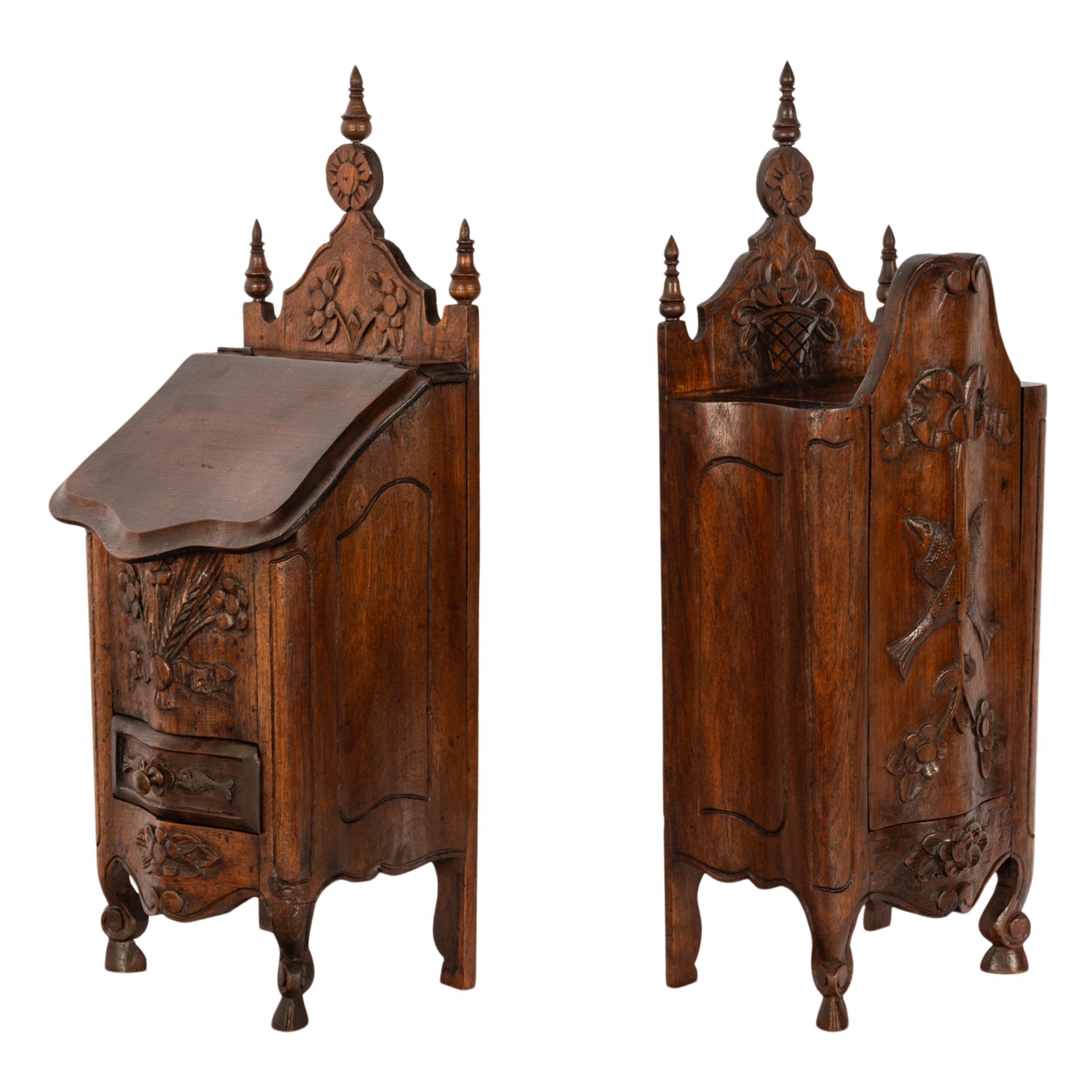 Pair Antique French Provincial Carved Walnut Kitchen Salt Flour Boxes Fariniere 6