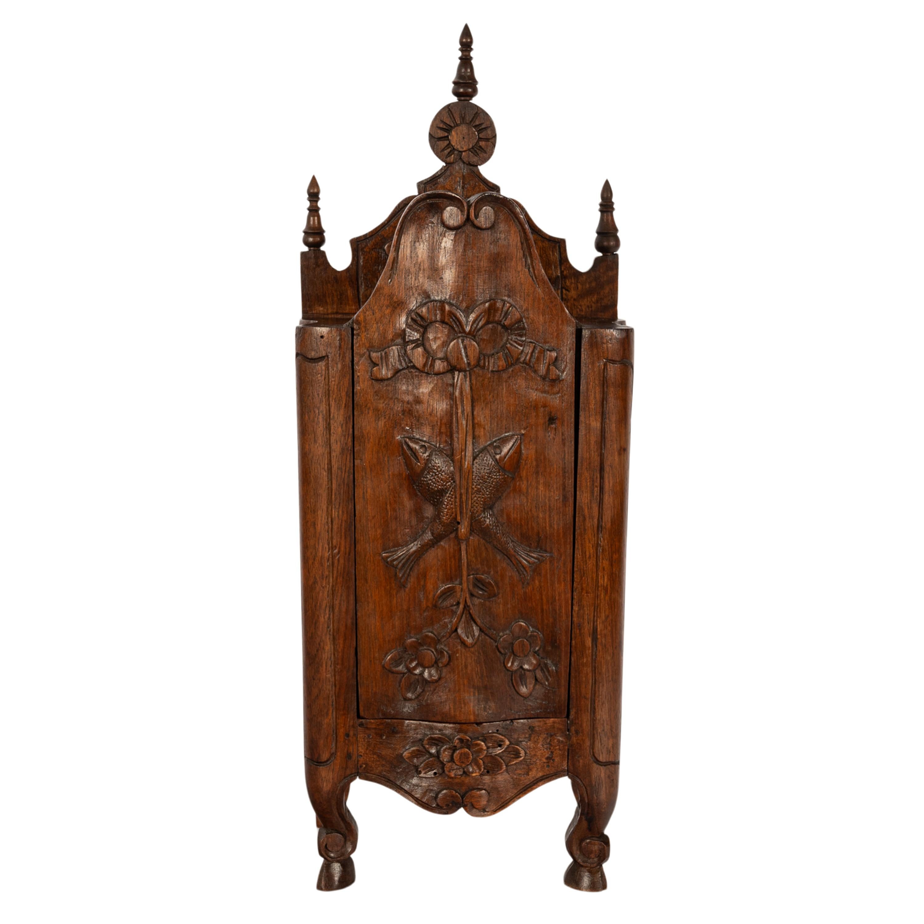 Pair Antique French Provincial Carved Walnut Kitchen Salt Flour Boxes Fariniere 7
