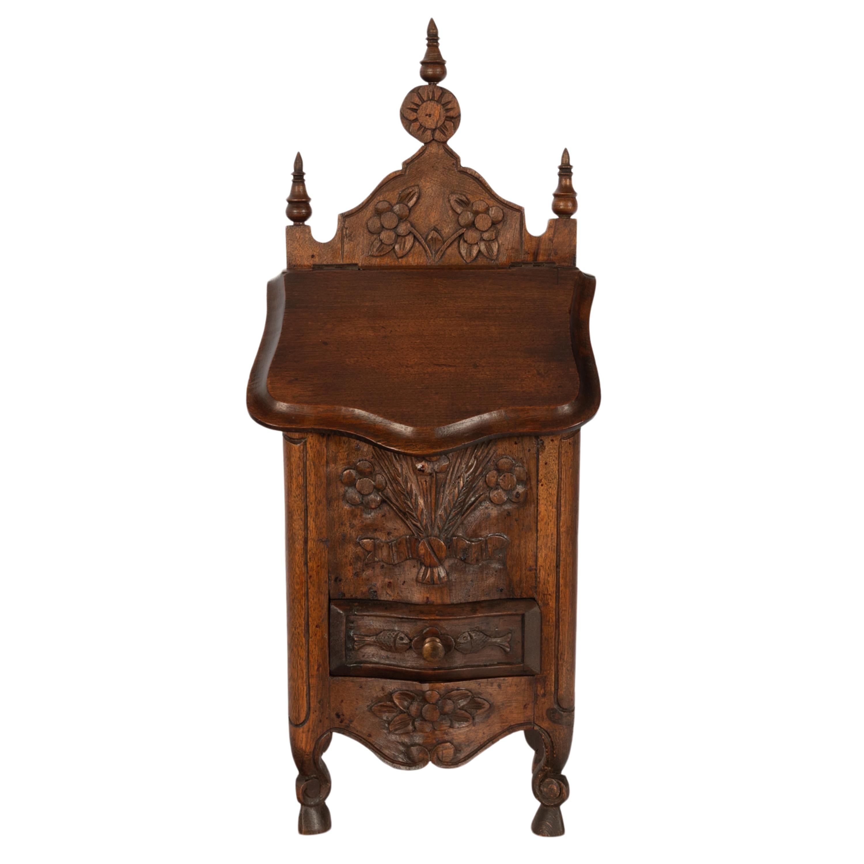 Pair Antique French Provincial Carved Walnut Kitchen Salt Flour Boxes Fariniere 9