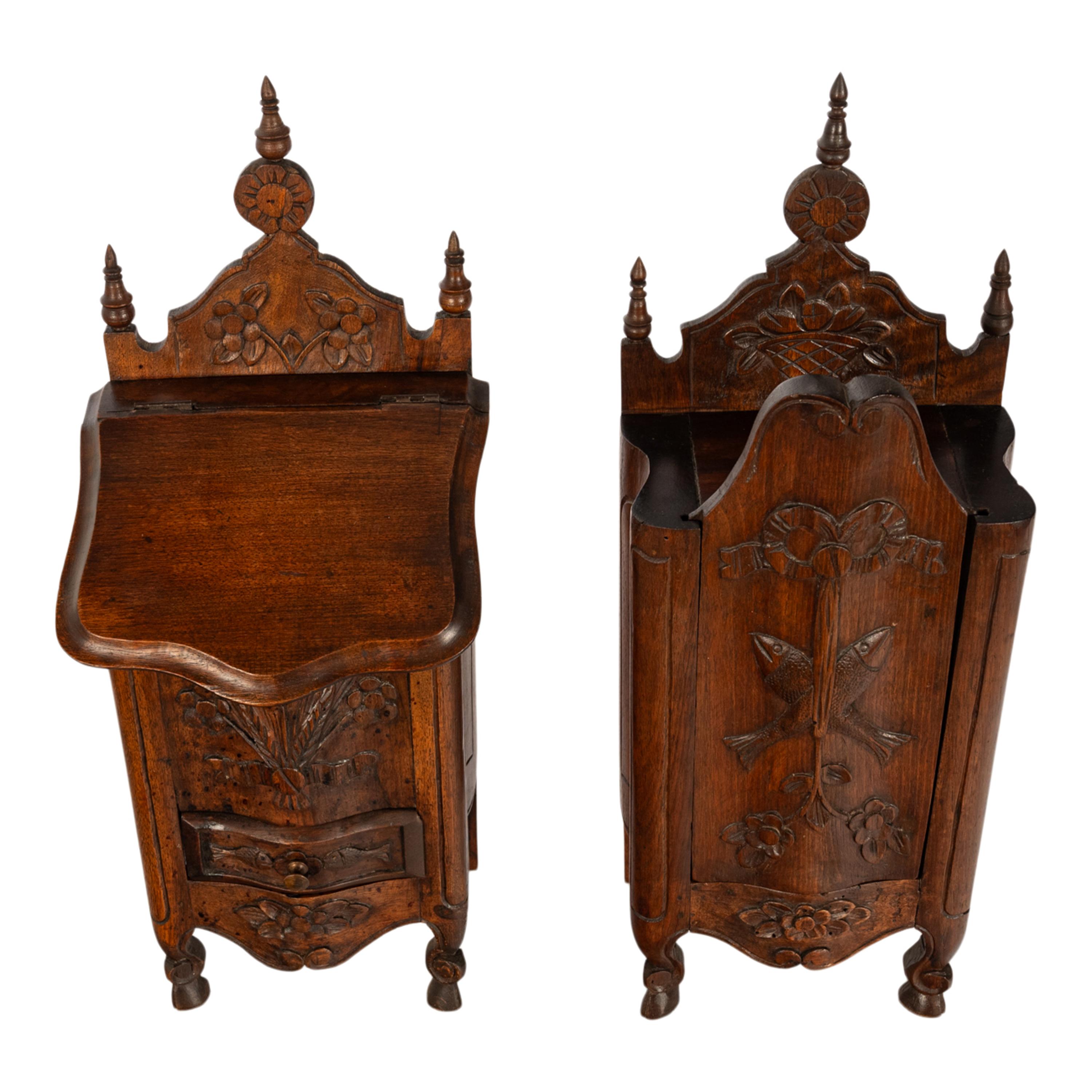 Pair Antique French Provincial Carved Walnut Kitchen Salt Flour Boxes Fariniere In Good Condition For Sale In Portland, OR