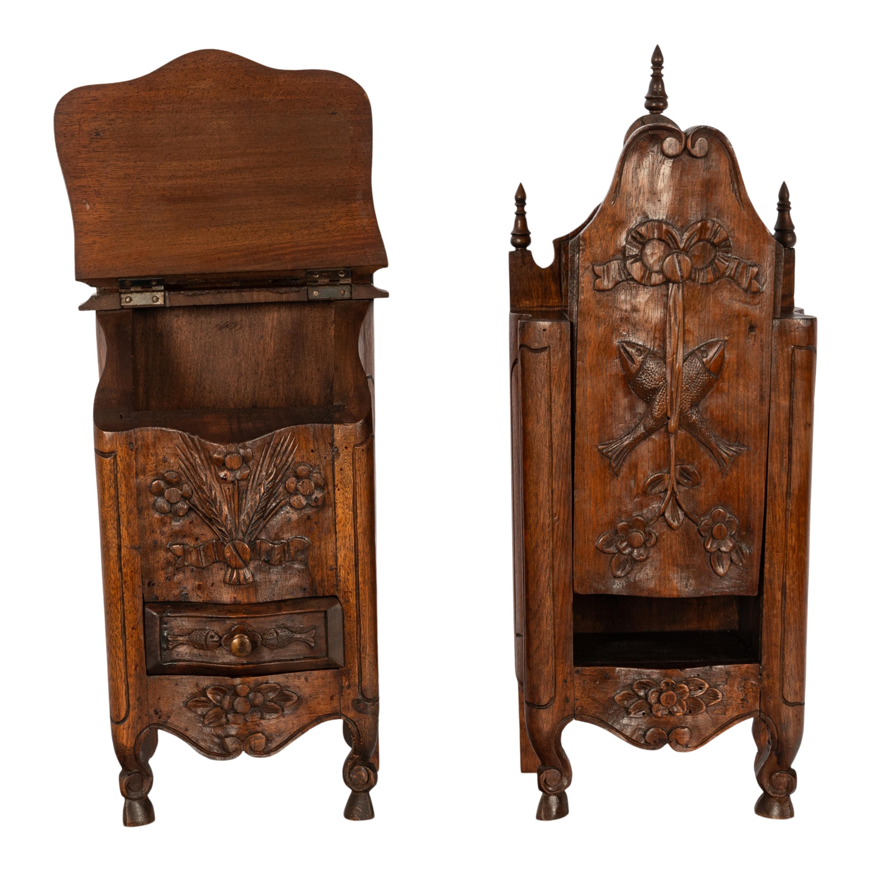 Late 19th Century Pair Antique French Provincial Carved Walnut Kitchen Salt Flour Boxes Fariniere For Sale