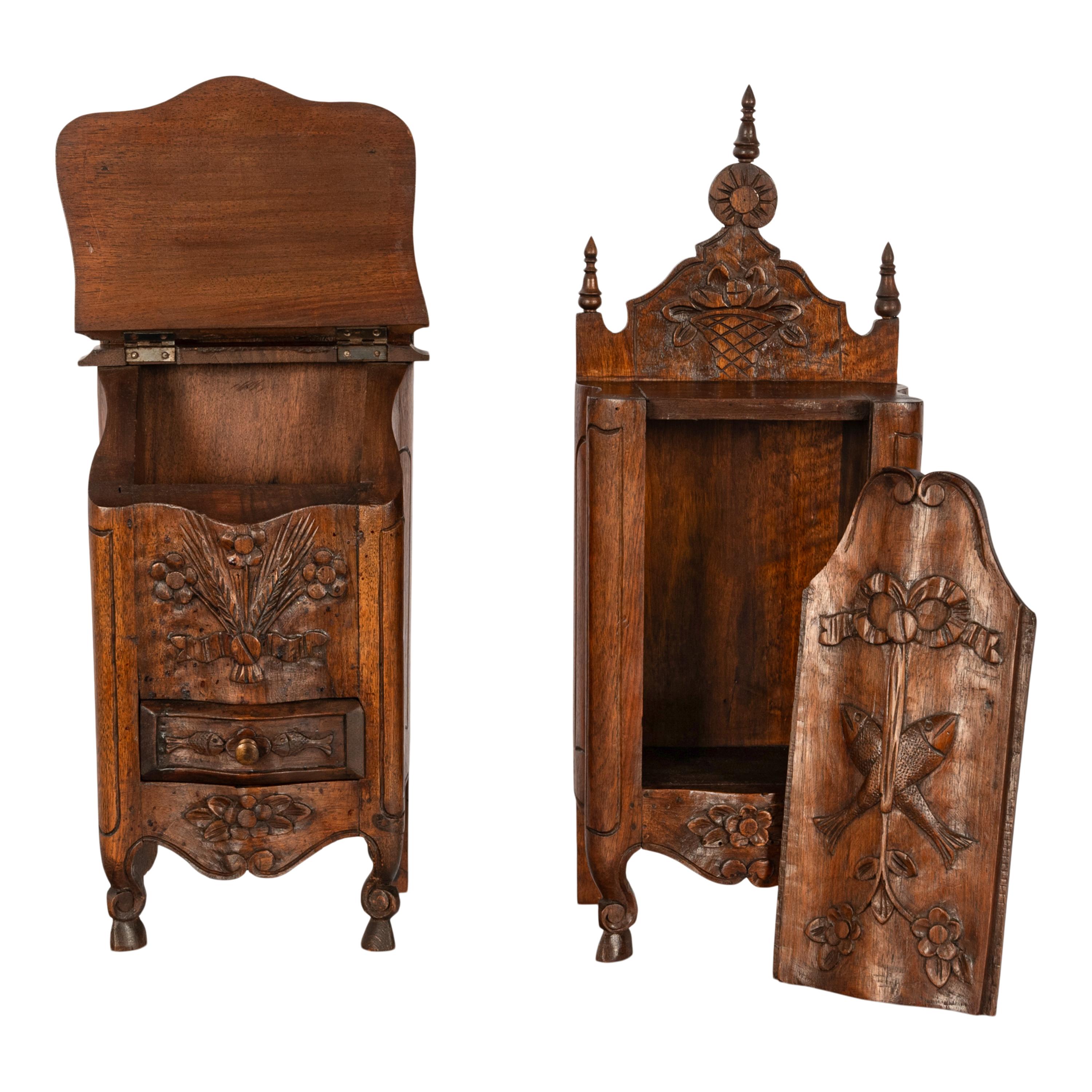 Pair Antique French Provincial Carved Walnut Kitchen Salt Flour Boxes Fariniere For Sale 1