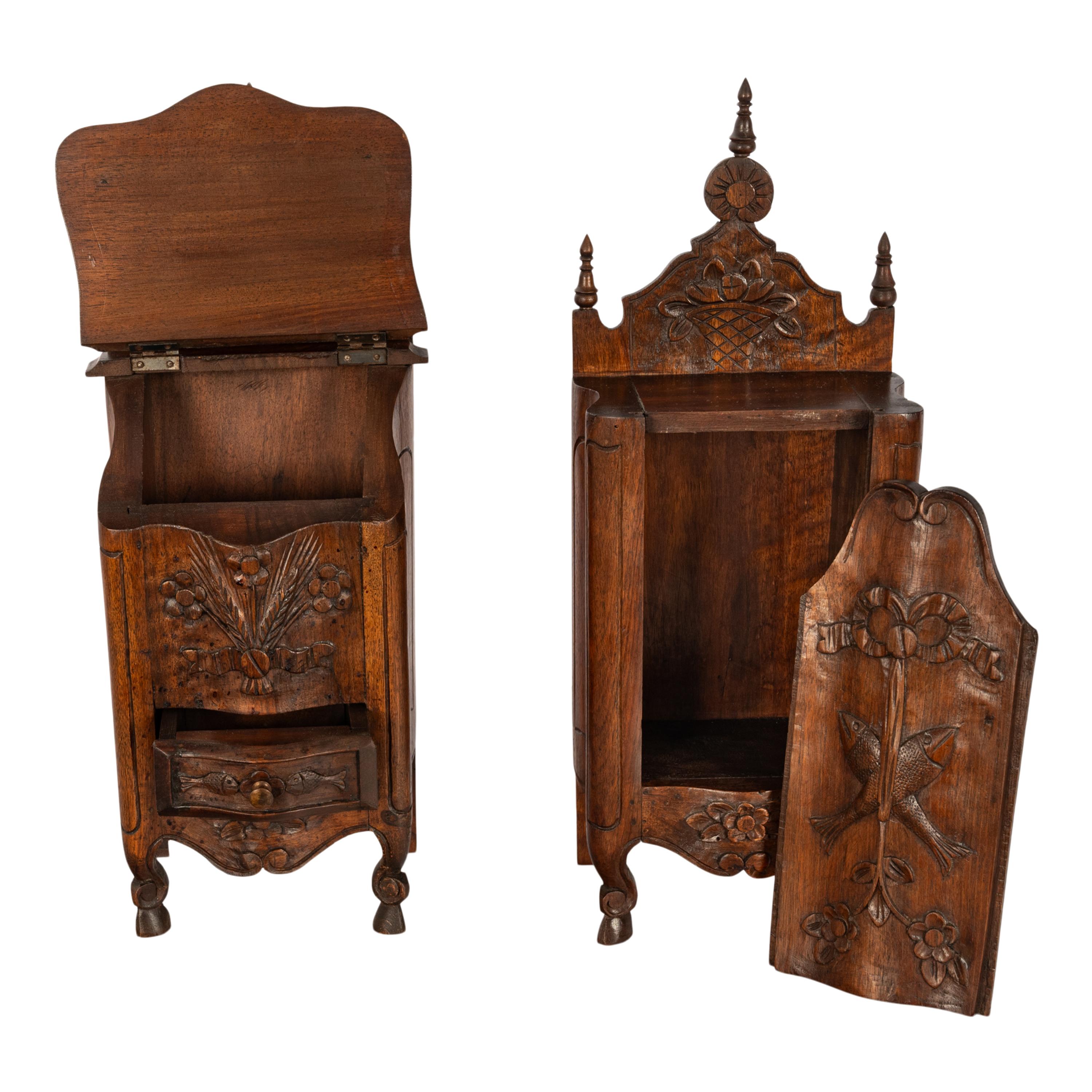 Pair Antique French Provincial Carved Walnut Kitchen Salt Flour Boxes Fariniere For Sale 2