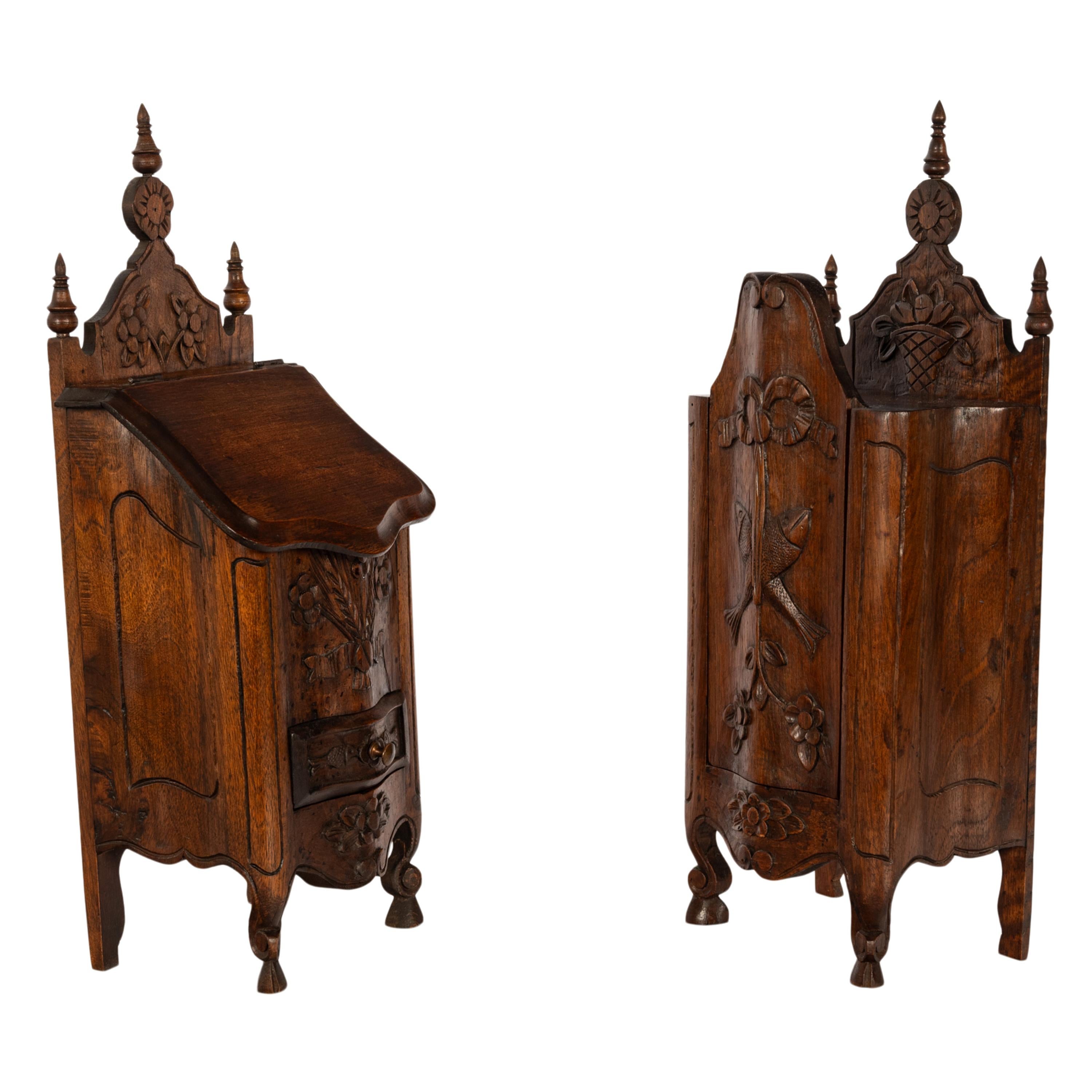 Pair Antique French Provincial Carved Walnut Kitchen Salt Flour Boxes Fariniere For Sale 3