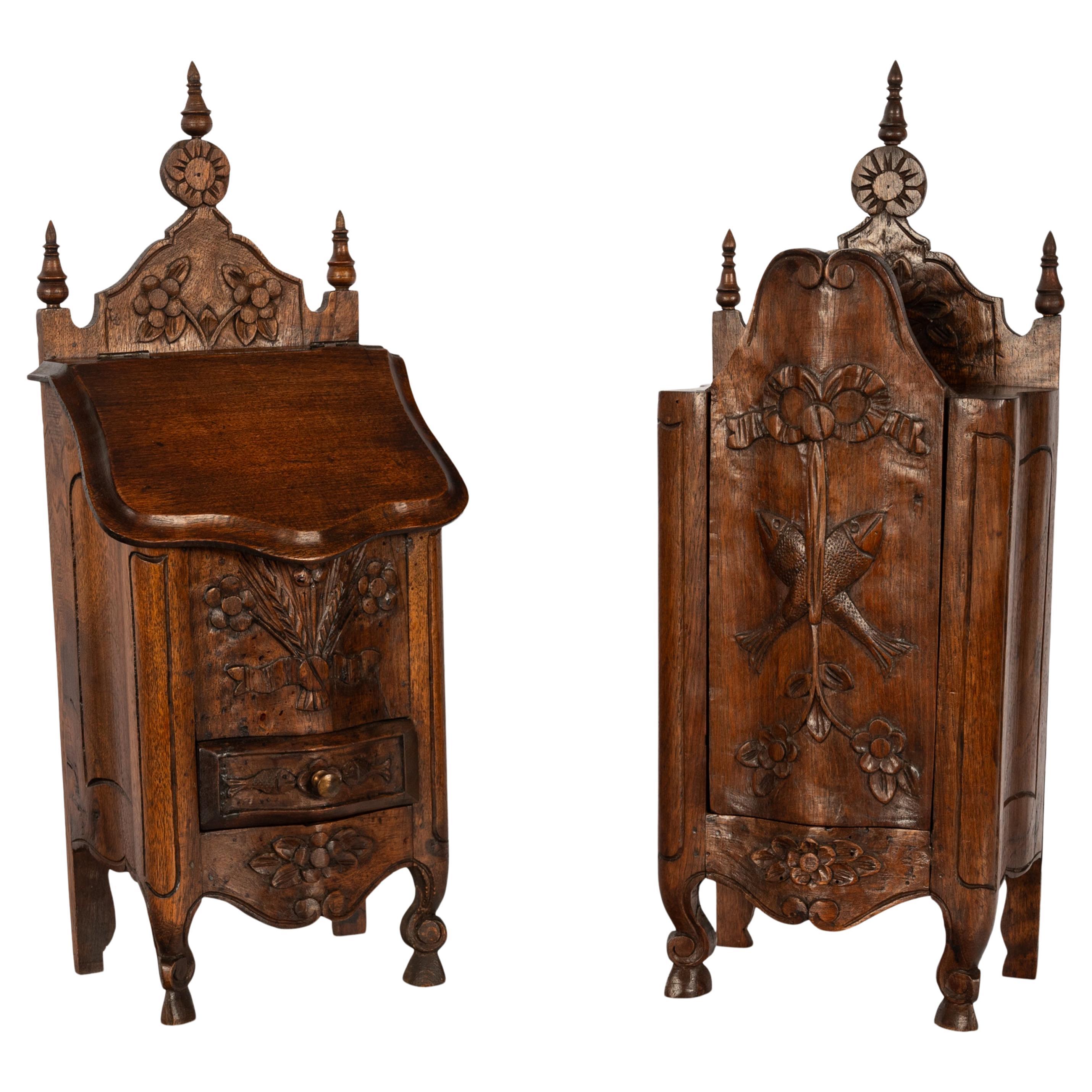 Pair Antique French Provincial Carved Walnut Kitchen Salt Flour Boxes Fariniere For Sale