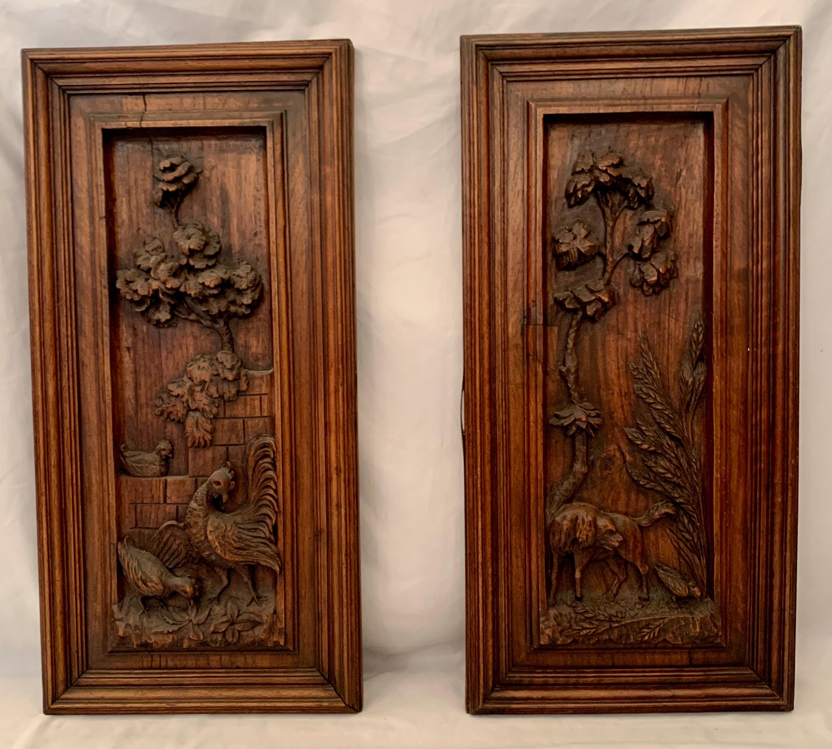 Pair Antique French Provincial Carved Walnut Wall Plaques, Circa 1890-1900