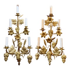 Pair Antique French Provincial Gold Bronze Floral Sconces, Circa 1880's-1890's