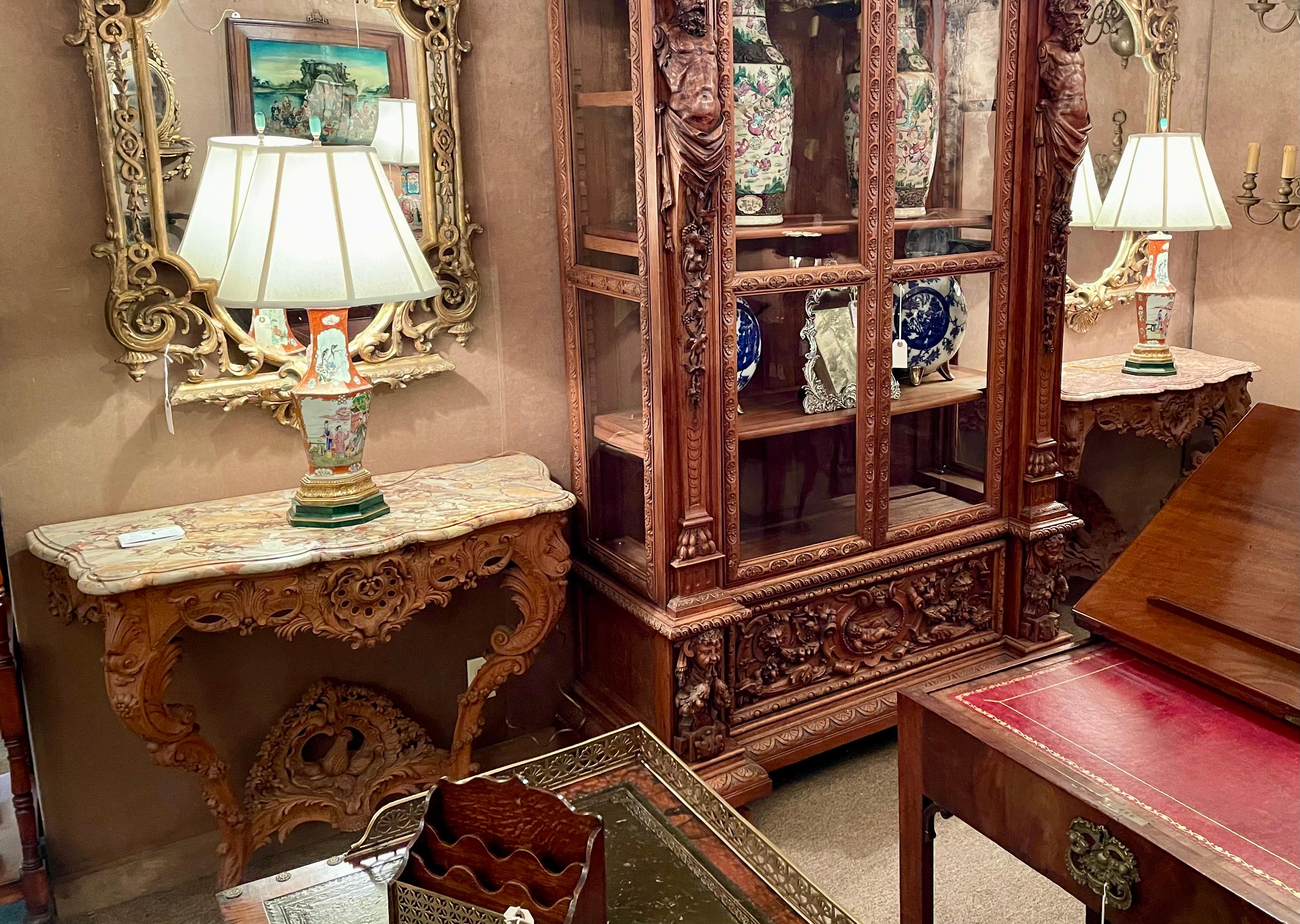 Pair Antique French Régence Carved Oak Marble Top Console Tables, Circa 1880. For Sale 5