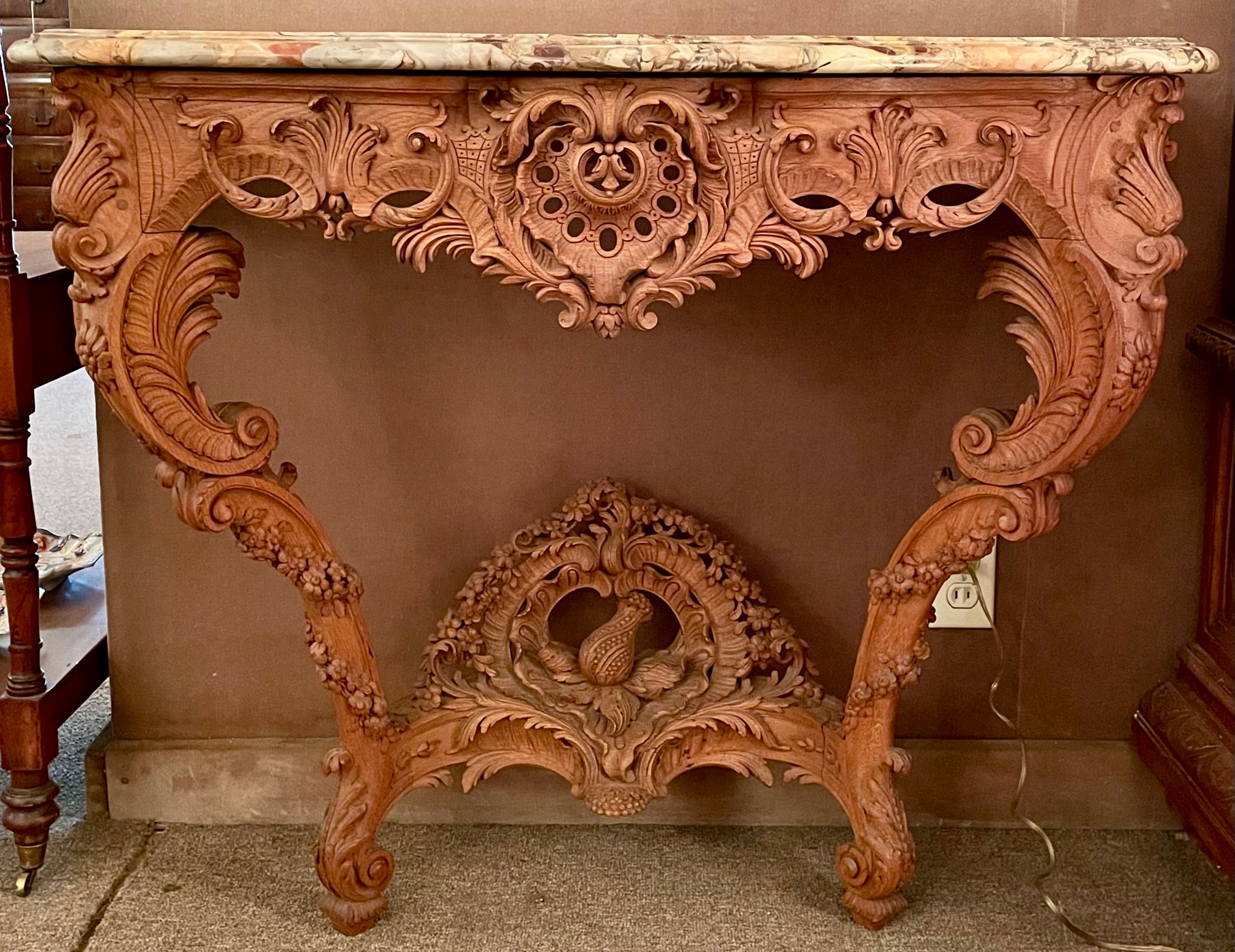 Regency Pair Antique French Régence Carved Oak Marble Top Console Tables, Circa 1880. For Sale