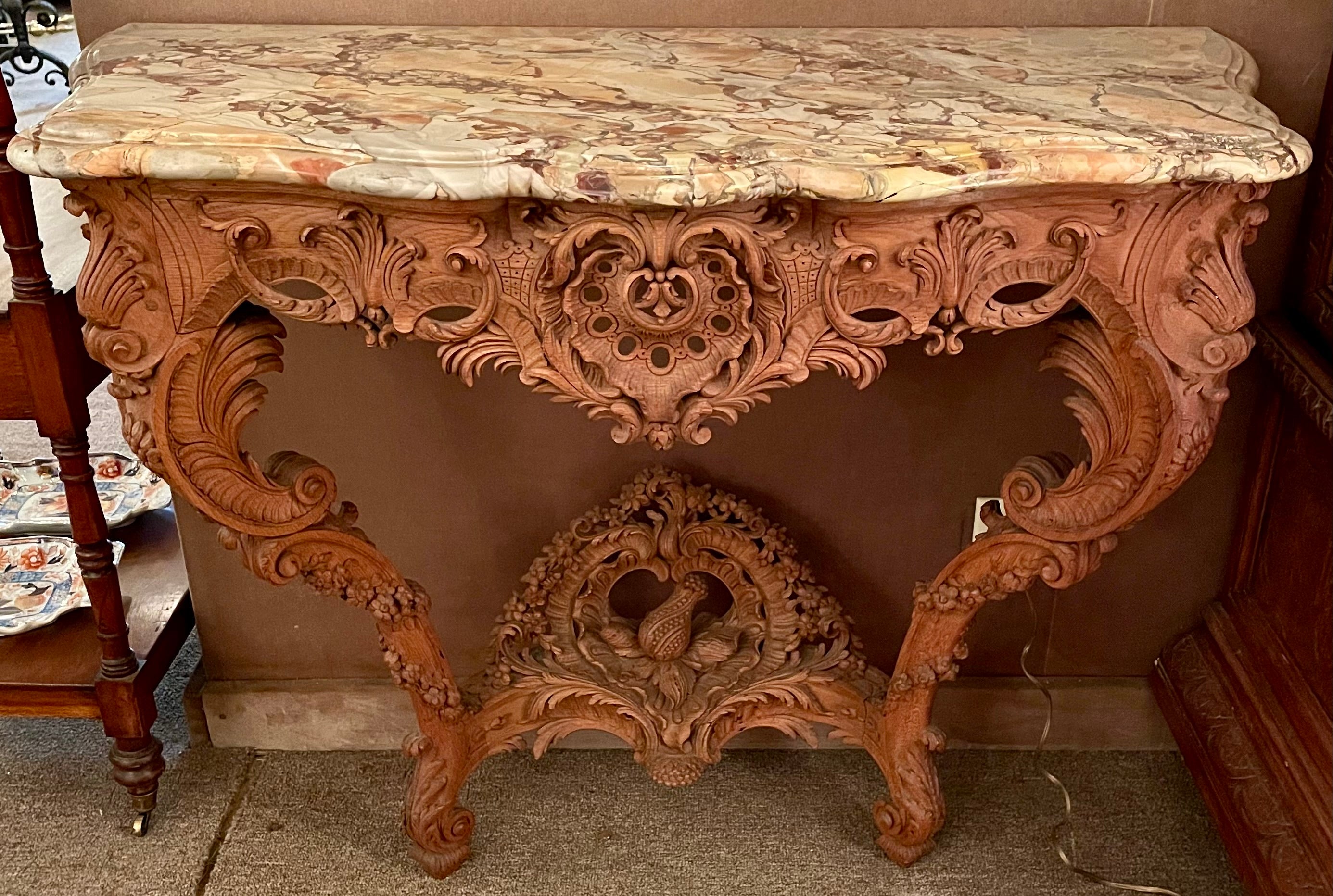 Pair Antique French Régence Carved Oak Marble Top Console Tables, Circa 1880. In Good Condition For Sale In New Orleans, LA