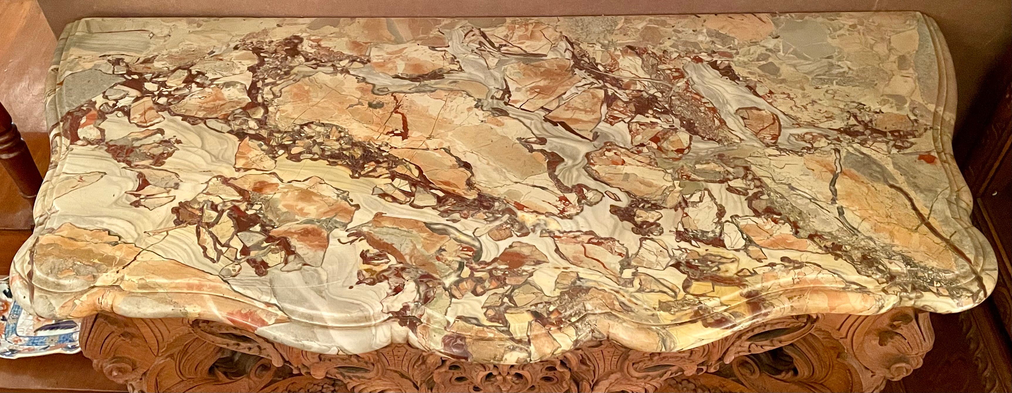 19th Century Pair Antique French Régence Carved Oak Marble Top Console Tables, Circa 1880. For Sale